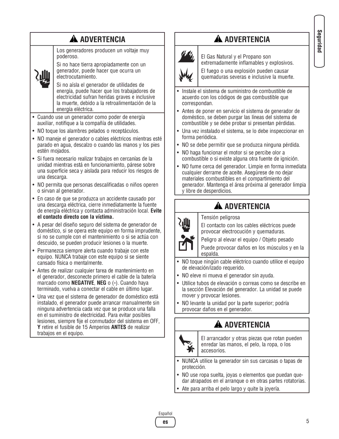 Briggs & Stratton 30000 SERIES system manual Tensión peligrosa, Ate para arriba el pelo largo y quite la joyería 