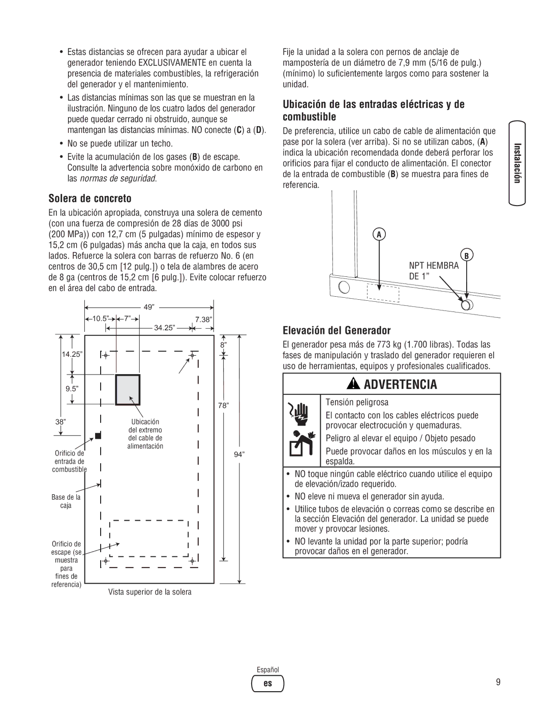 Briggs & Stratton 30000 SERIES system manual Solera de concreto, Ubicación de las entradas eléctricas y de combustible 