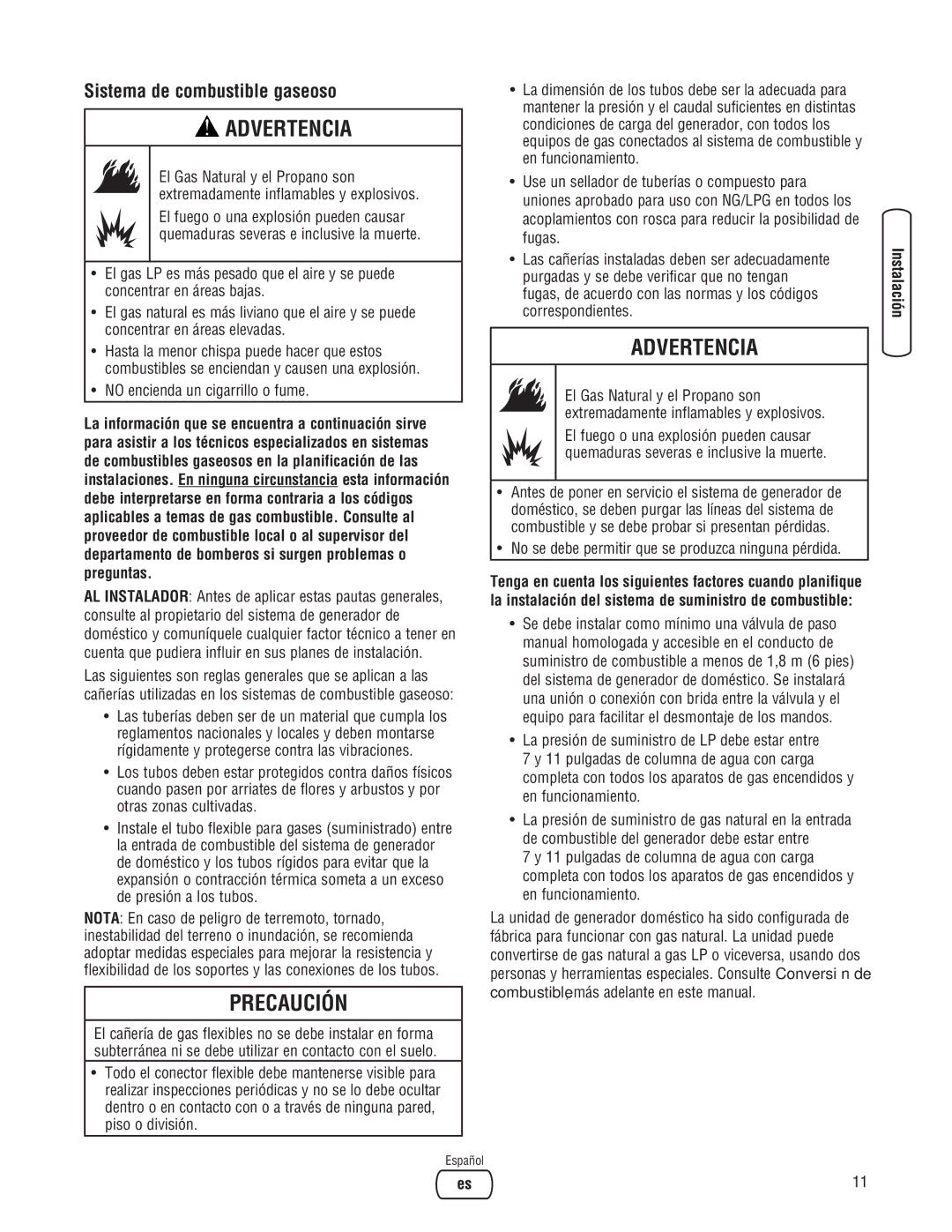 Briggs & Stratton 30000 SERIES system manual Sistema de combustible gaseoso, No encienda un cigarrillo o fume 