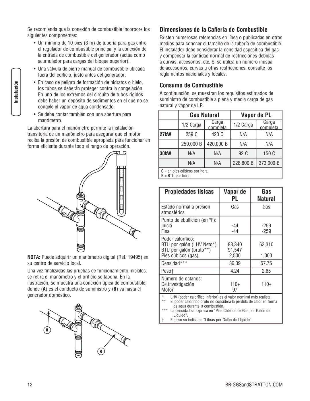 Briggs & Stratton 30000 SERIES Dimensiones de la Cañería de Combustible, Consumo de Combustible, Gas Natural Vapor de PL 