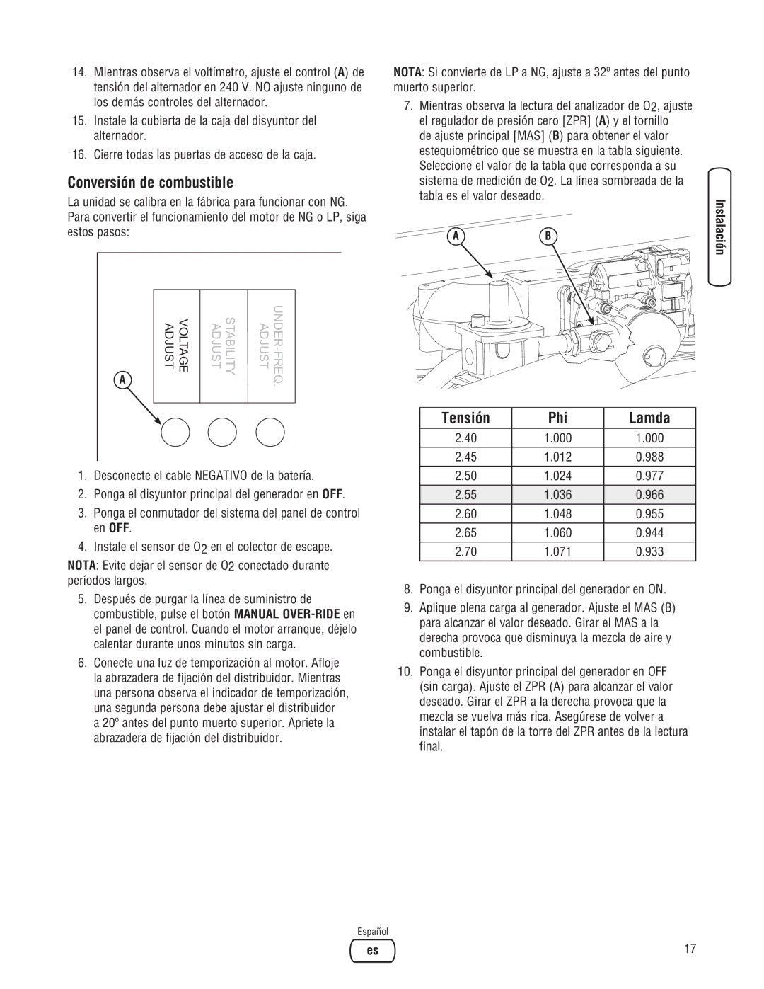 Briggs & Stratton 30000 SERIES system manual Conversión de combustible, Tensión Phi Lamda 