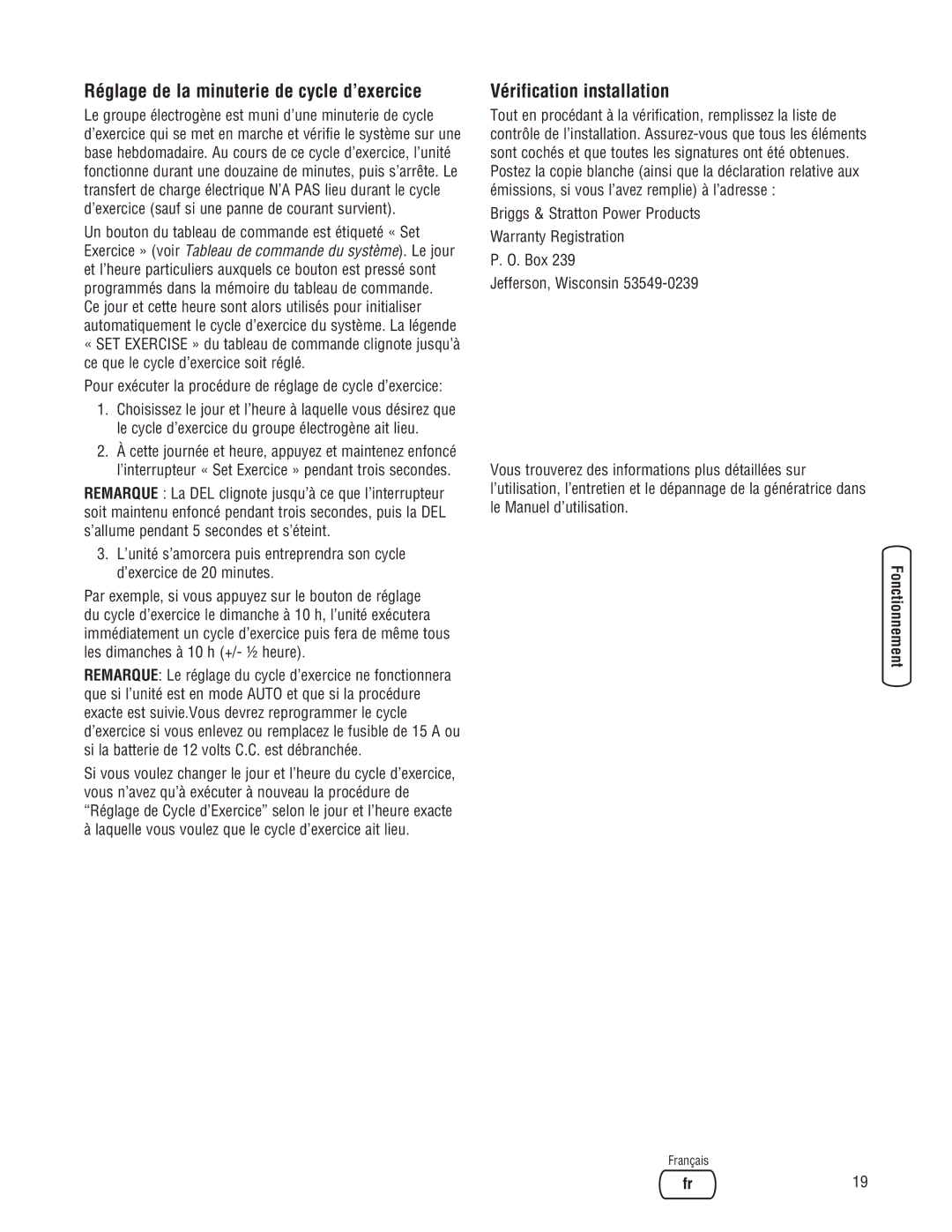 Briggs & Stratton 30000 SERIES system manual Réglage de la minuterie de cycle d’exercice, Vérification installation 