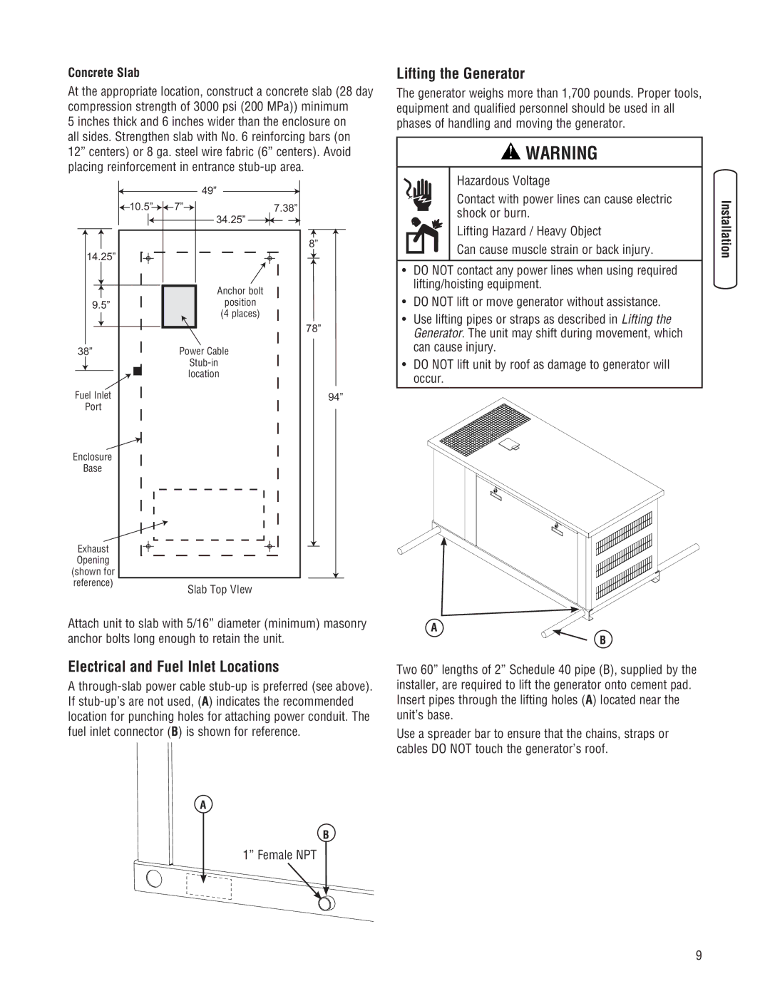 Briggs & Stratton 30000 SERIES Electrical and Fuel Inlet Locations, Lifting the Generator, Concrete Slab, Female NPT 