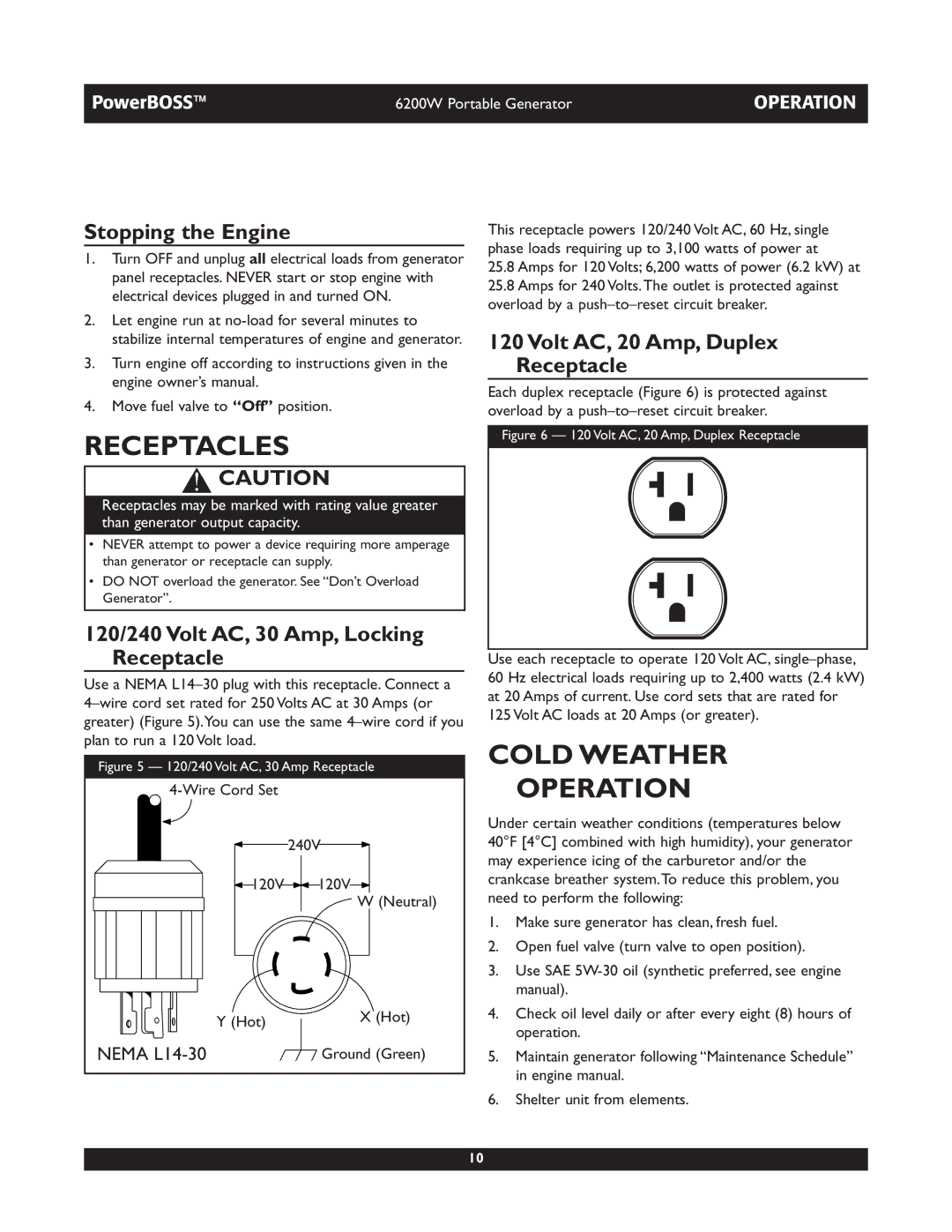 Briggs & Stratton 30201 Receptacles, Cold Weather Operation, Stopping the Engine, Volt AC, 20 Amp, Duplex Receptacle 