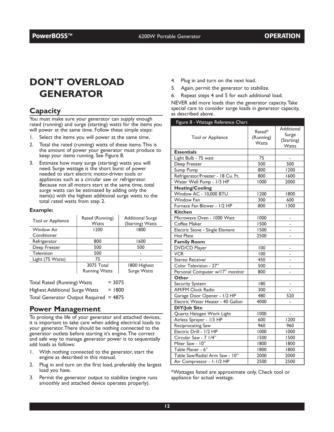 Briggs & Stratton 30201 owner manual Dont Overload Generator, Capacity, Power Management, Example 