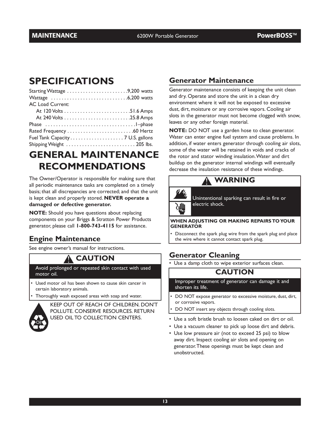 Briggs & Stratton 30201 Specifications, General Maintenance Recommendations, Engine Maintenance Generator Maintenance 