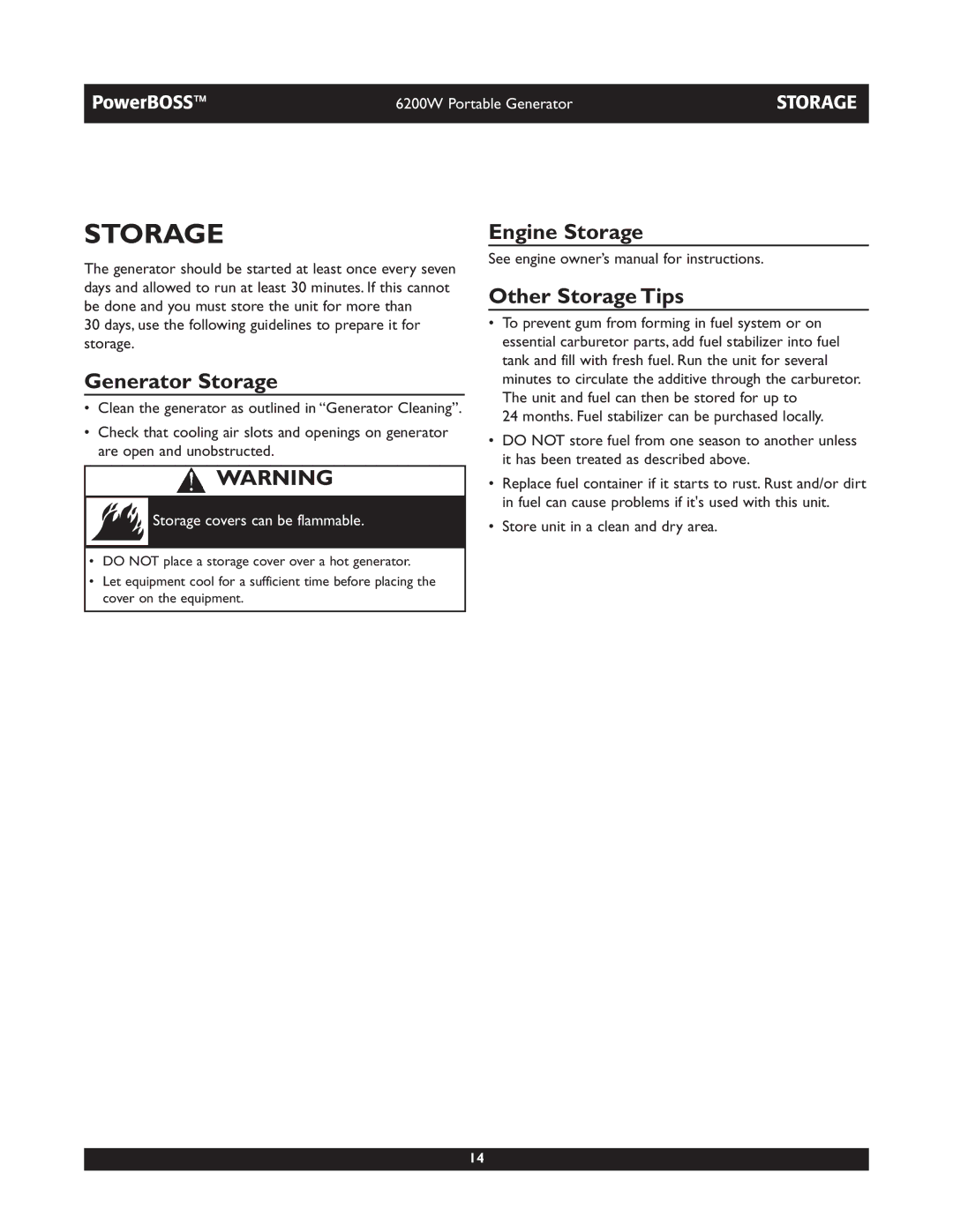 Briggs & Stratton 30201 owner manual Generator Storage, Engine Storage Other Storage Tips 