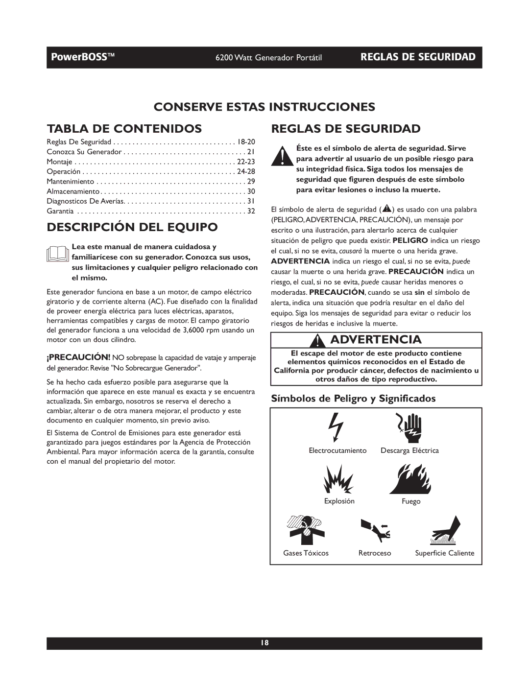 Briggs & Stratton 30201 Conserve Estas Instrucciones Tabla DE Contenidos, Descripción DEL Equipo, Reglas DE Seguridad 