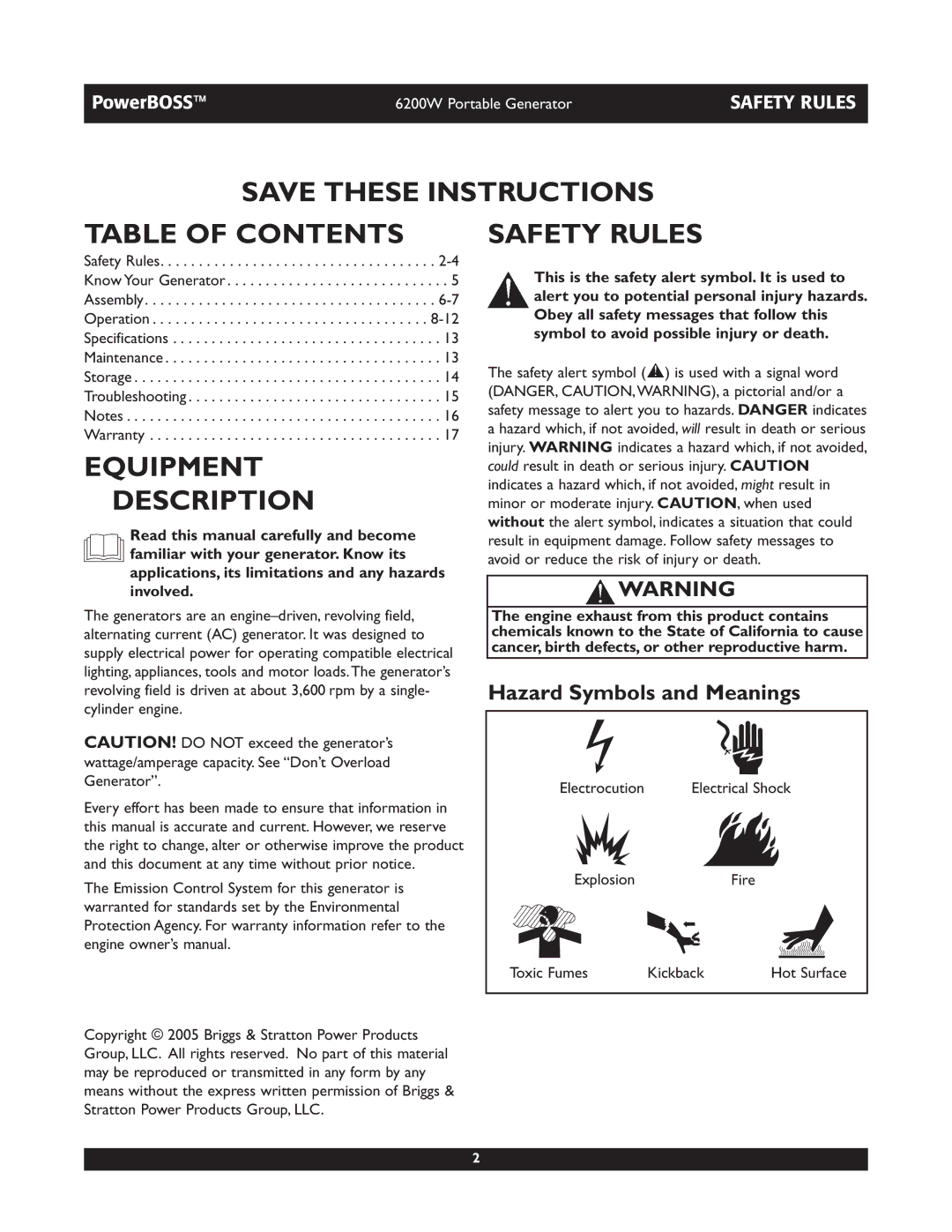 Briggs & Stratton 30201 owner manual Table of Contents, Equipment Description, Safety Rules 