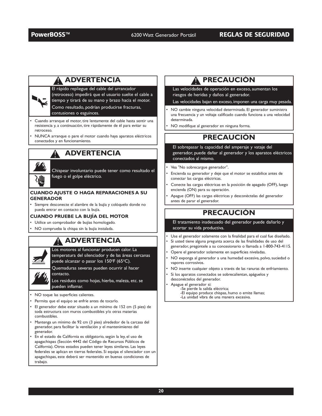 Briggs & Stratton 30201 Precaución, Cuando Ajuste O Haga Reparaciones a SU Generador, Cuando Pruebe LA Bujía DEL Motor 