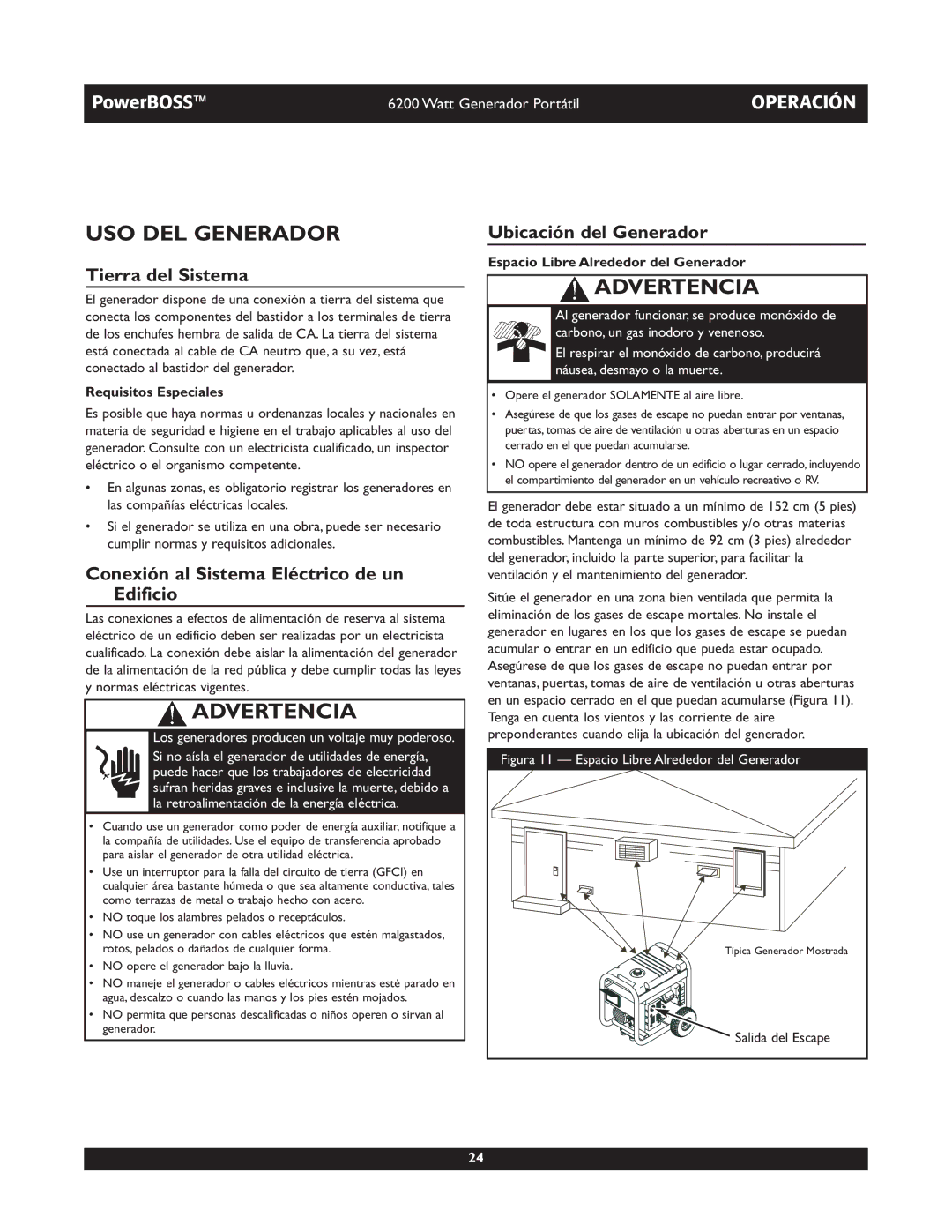 Briggs & Stratton 30201 owner manual USO DEL Generador, Tierra del Sistema, Conexión al Sistema Eléctrico de un Edificio 