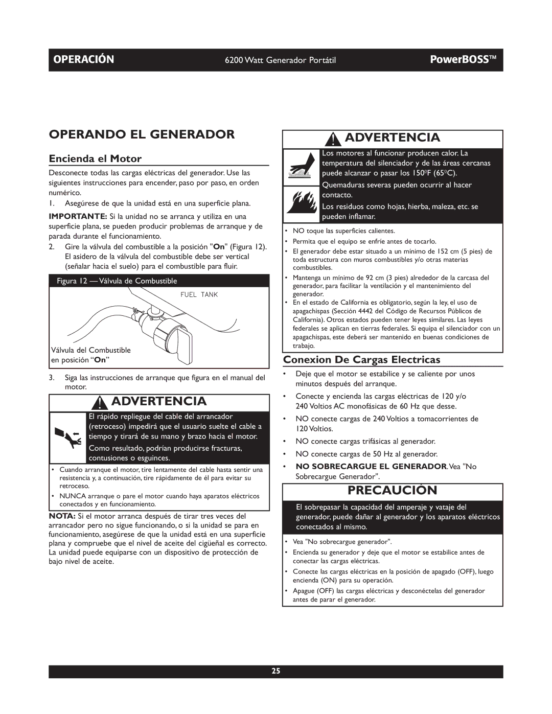 Briggs & Stratton 30201 owner manual Operando EL Generador, Encienda el Motor, Conexion De Cargas Electricas 