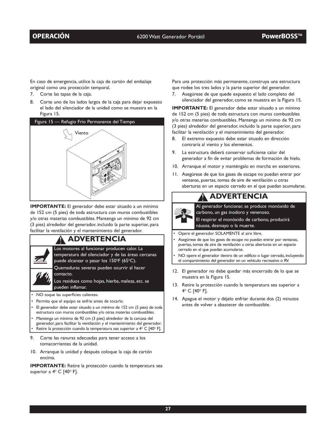 Briggs & Stratton 30201 owner manual Figura 15 Refugio Frío Permanente del Tiempo 