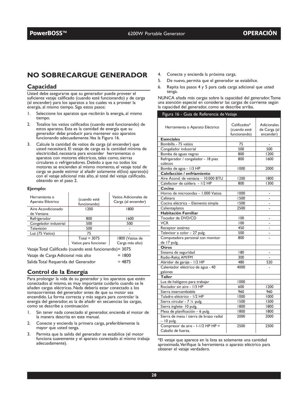 Briggs & Stratton 30201 owner manual No Sobrecargue Generador, Capacidad, Control de la Energía, Ejemplo 