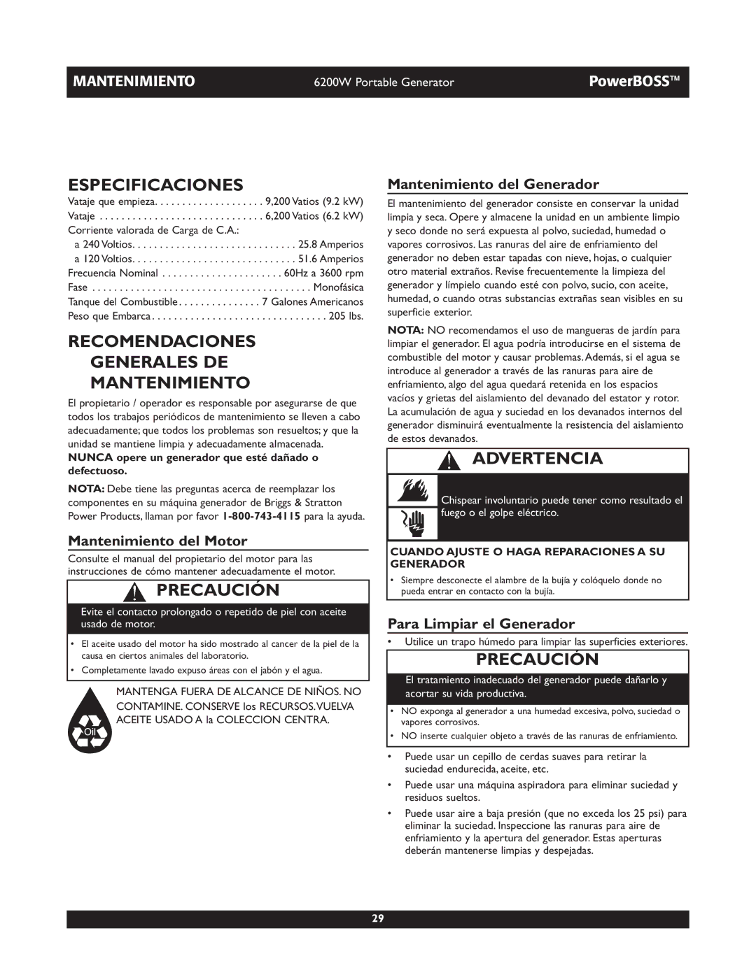 Briggs & Stratton 30201 owner manual Especificaciones, Recomendaciones Generales DE Mantenimiento, Mantenimiento del Motor 