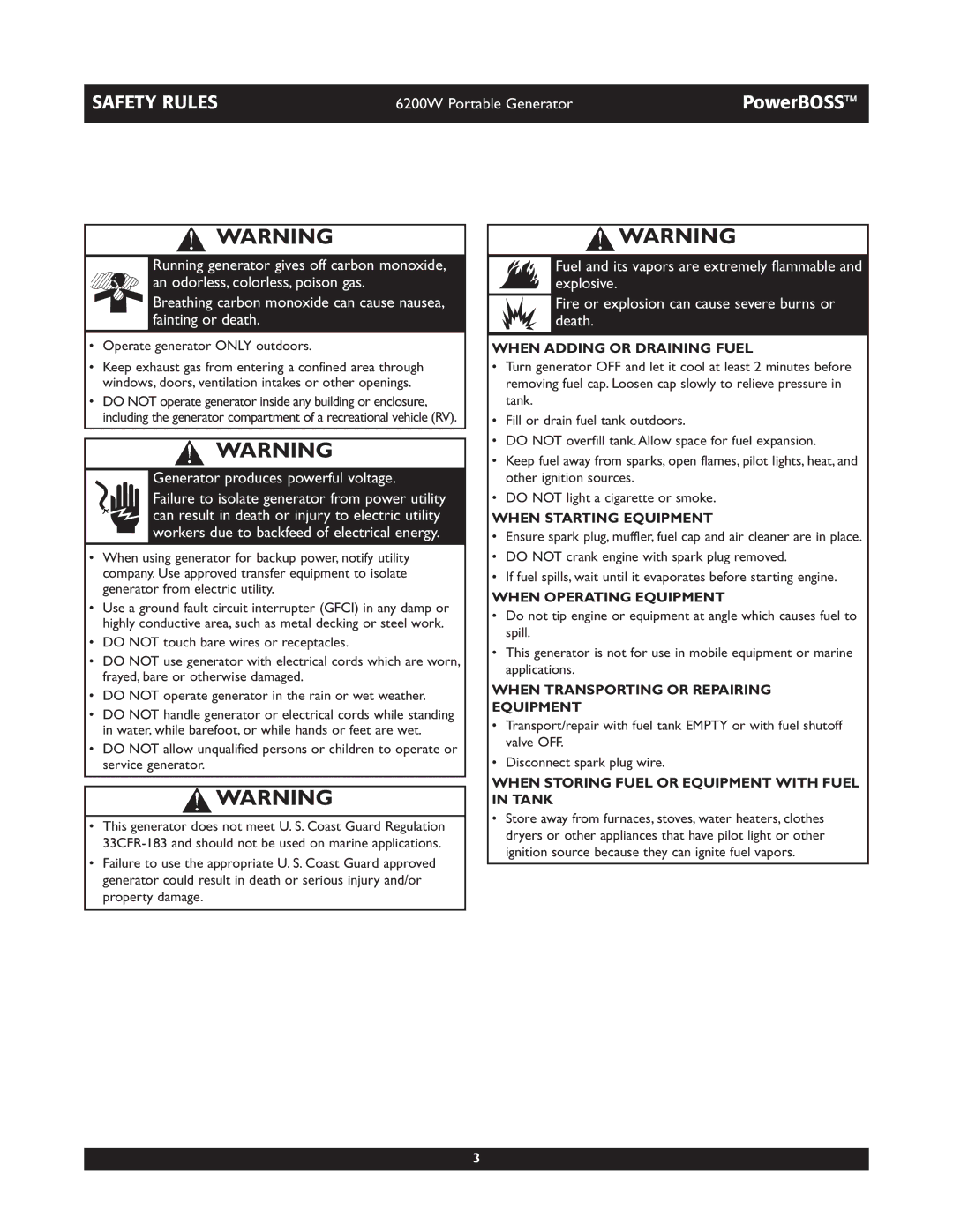 Briggs & Stratton 30201 owner manual When Adding or Draining Fuel, When Starting Equipment, When Operating Equipment 