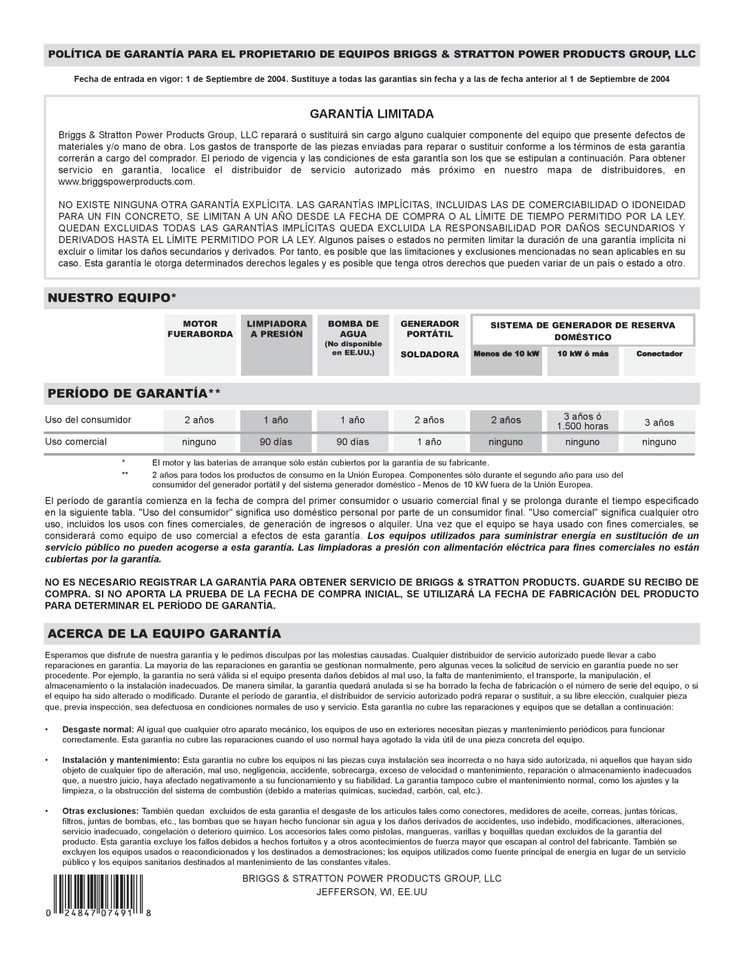 Briggs & Stratton 30201 owner manual Garantía Limitada 