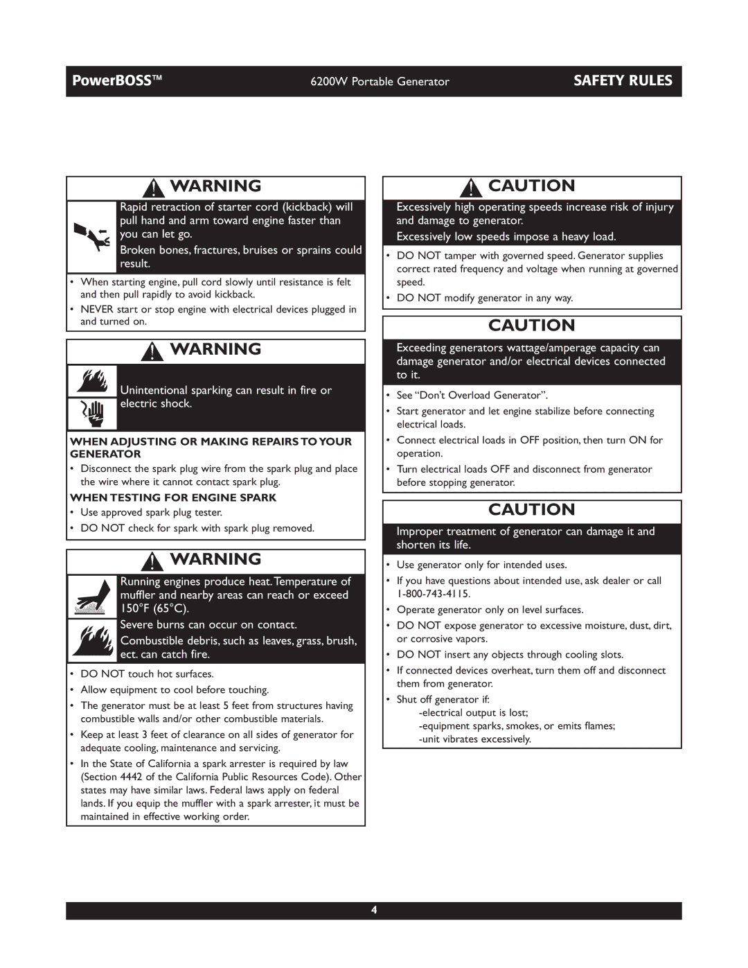 Briggs & Stratton 30201 owner manual When Adjusting or Making Repairs to Your Generator, When Testing for Engine Spark 