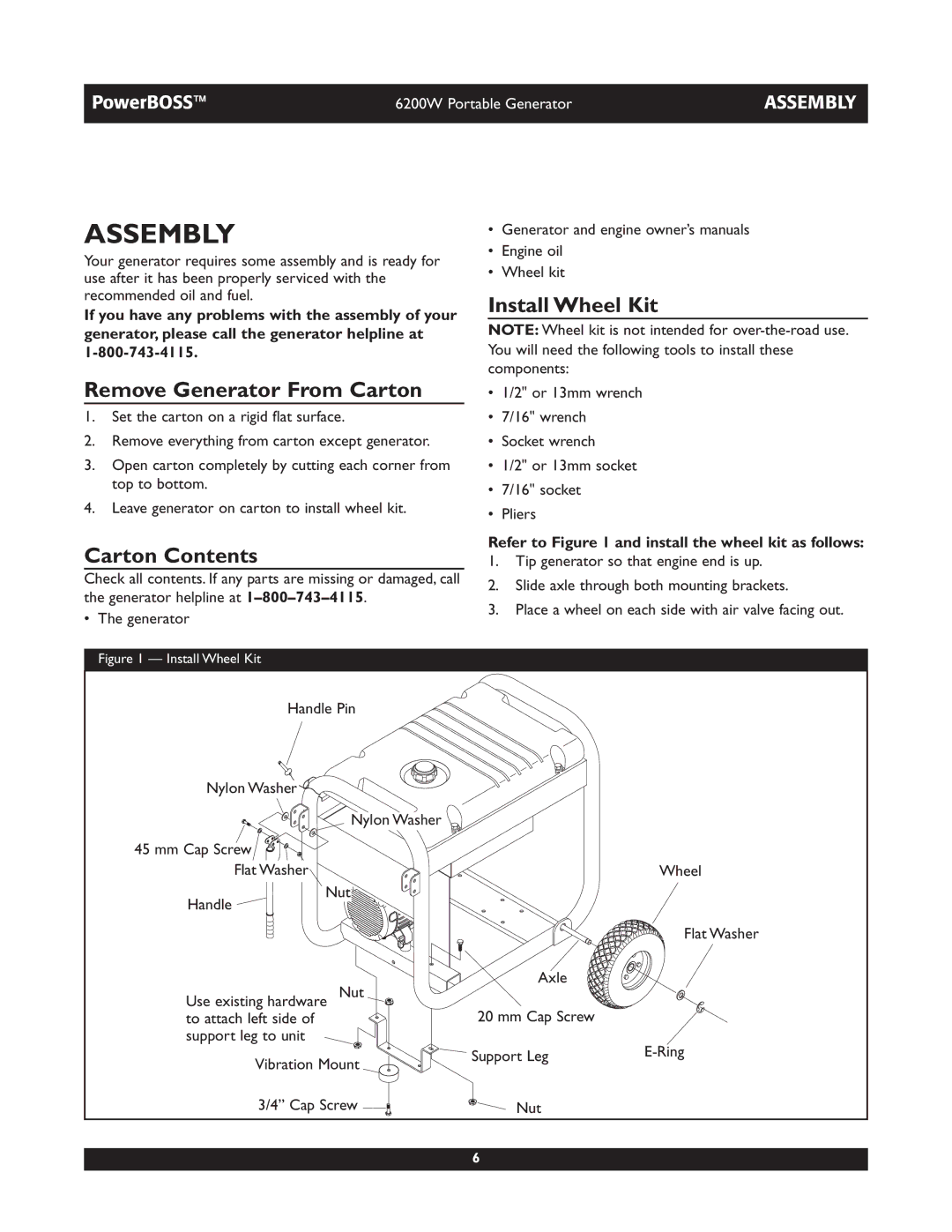 Briggs & Stratton 30201 owner manual Assembly, Install Wheel Kit, Remove Generator From Carton, Carton Contents 