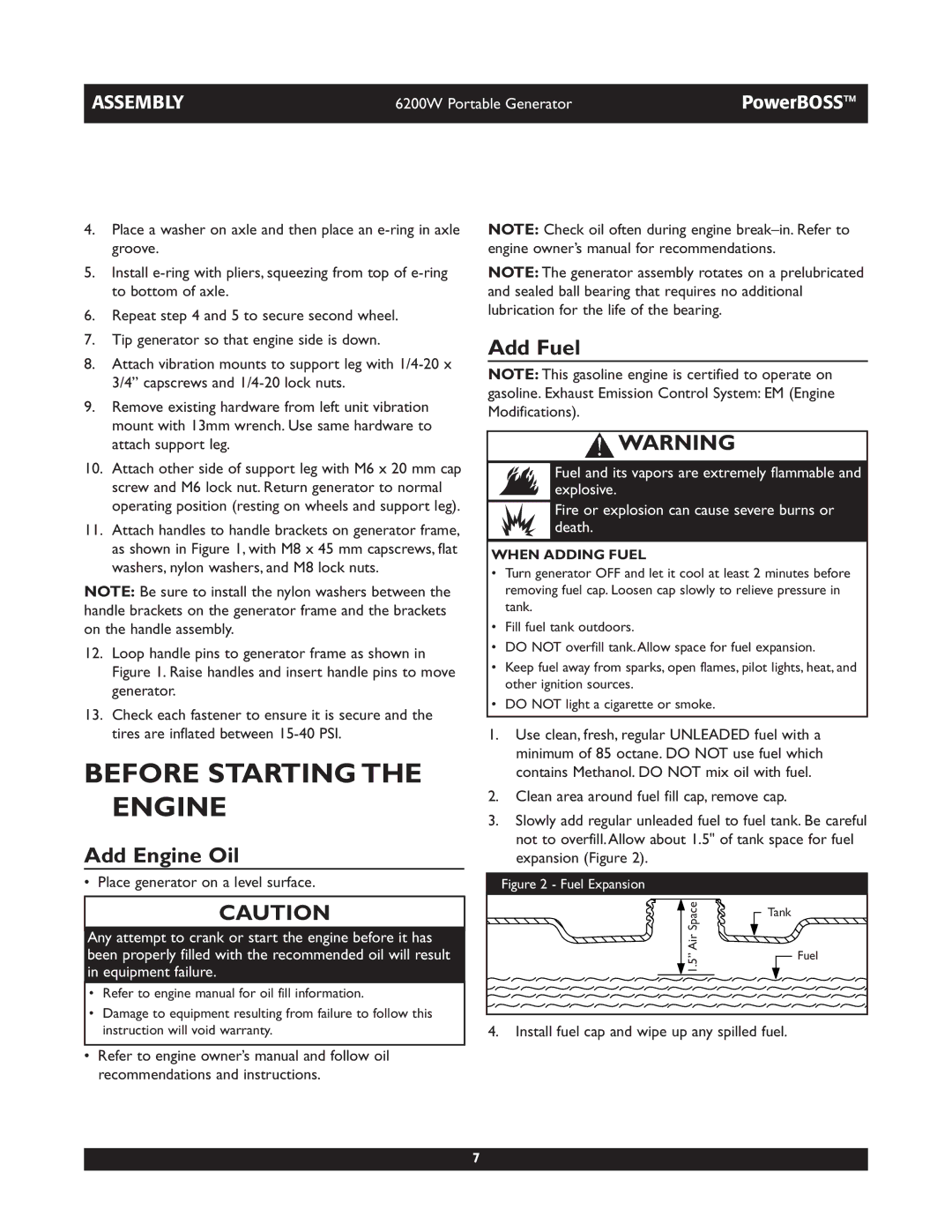 Briggs & Stratton 30201 owner manual Before Starting the Engine, Add Engine Oil, Add Fuel, When Adding Fuel 