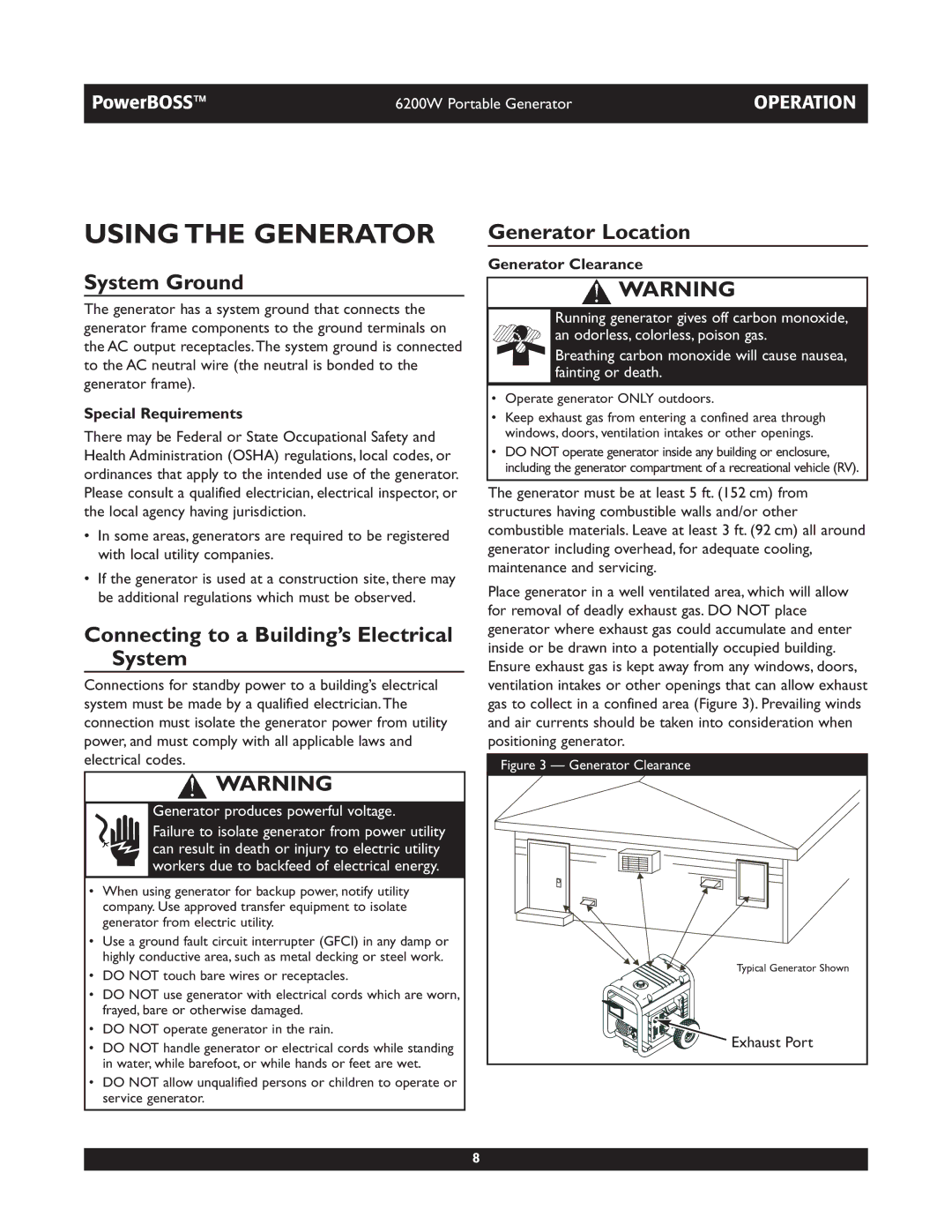 Briggs & Stratton 30201 owner manual Using the Generator, System Ground, Connecting to a Building’s Electrical System 