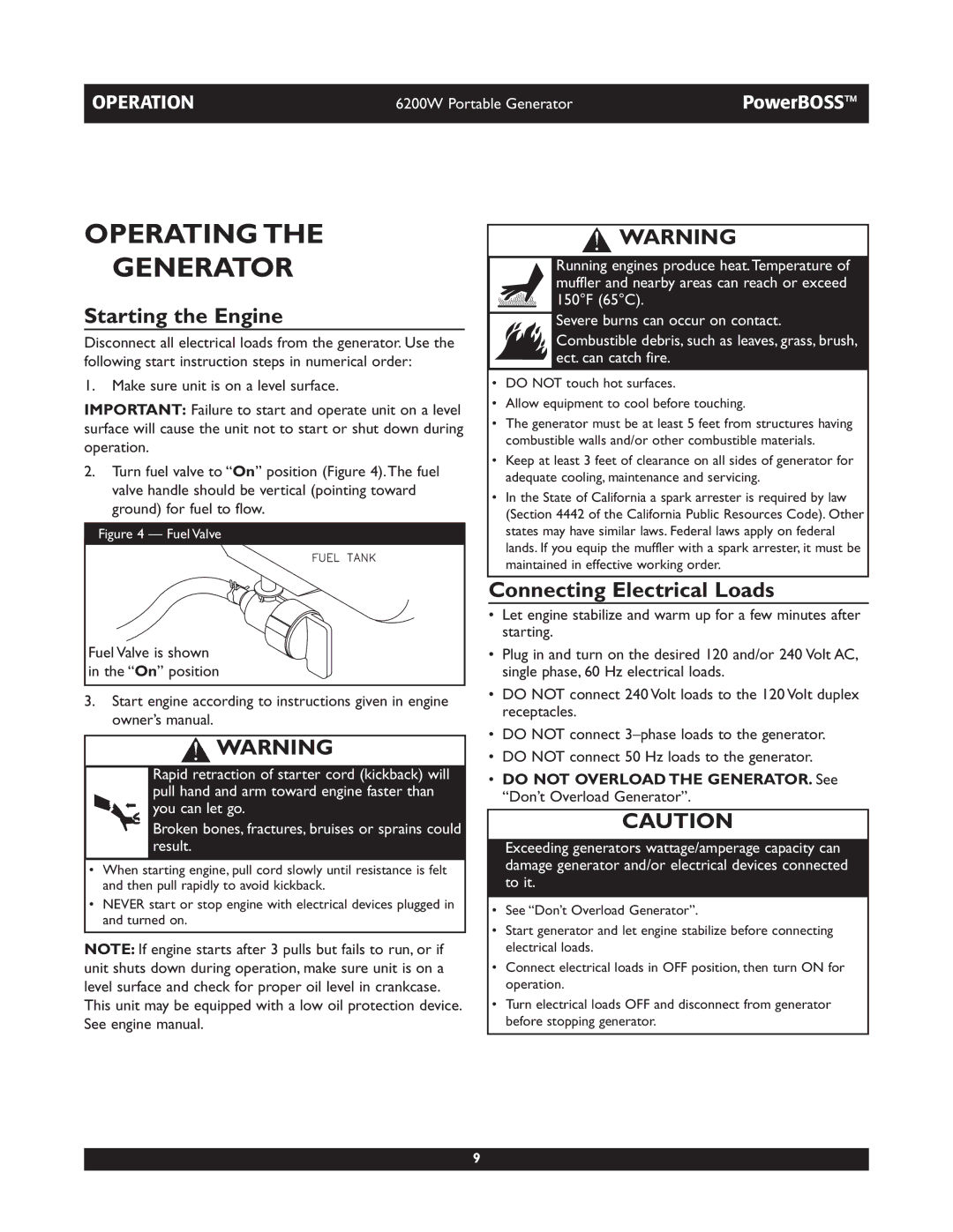 Briggs & Stratton 30201 owner manual Operating Generator, Starting the Engine, Connecting Electrical Loads 