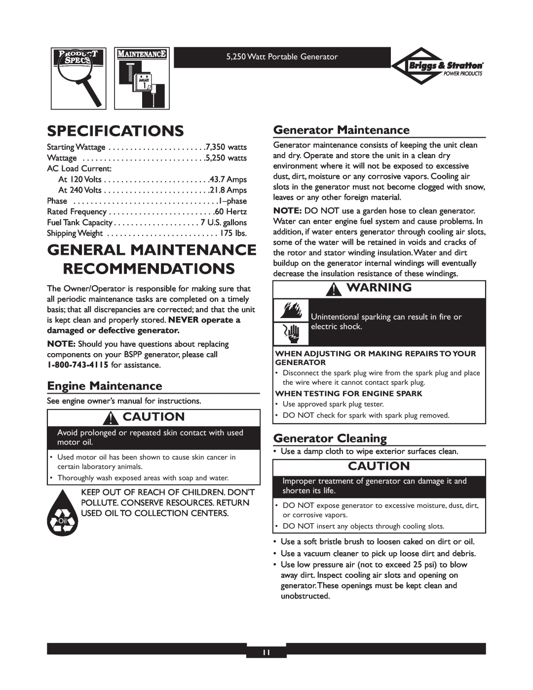 Briggs & Stratton 30204 Specifications, General Maintenance Recommendations, Engine Maintenance, Generator Maintenance 