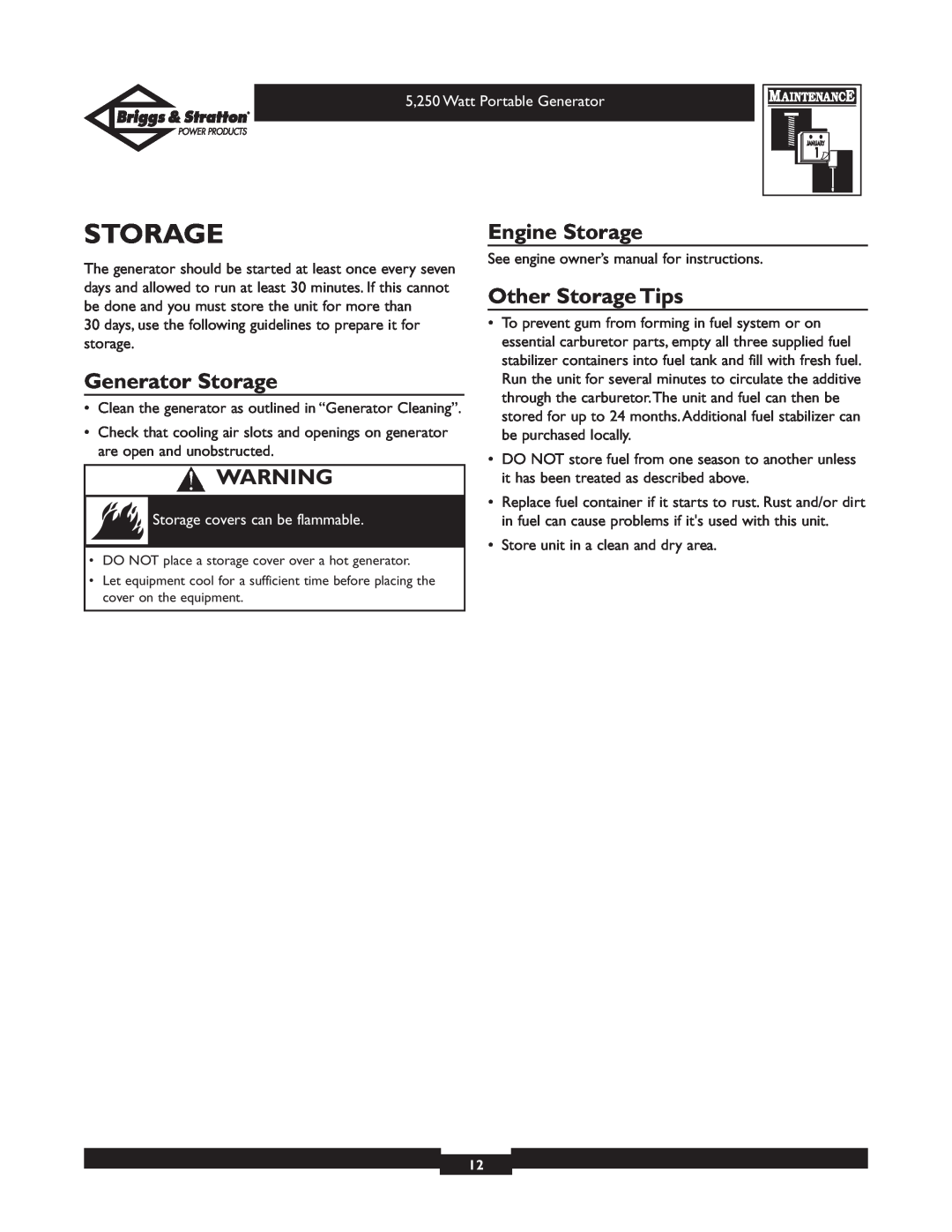 Briggs & Stratton 30204 owner manual Generator Storage, Engine Storage, Other Storage Tips 