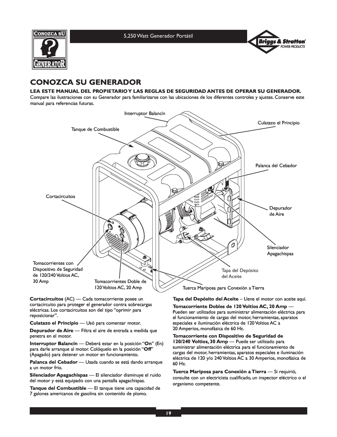 Briggs & Stratton 30204 owner manual Conozca Su Generador 