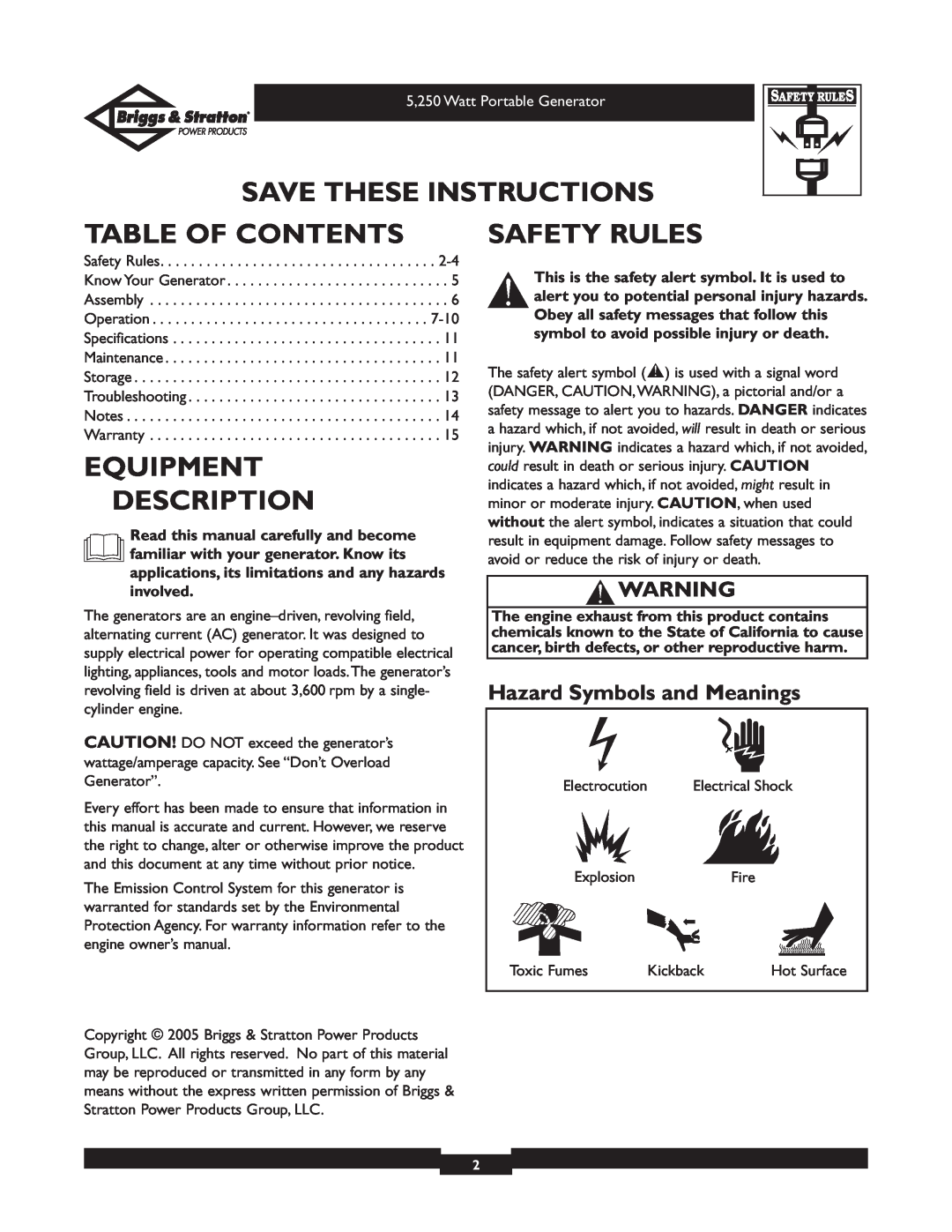 Briggs & Stratton 30204 owner manual Save These Instructions, Table Of Contents, Equipment Description, Safety Rules 