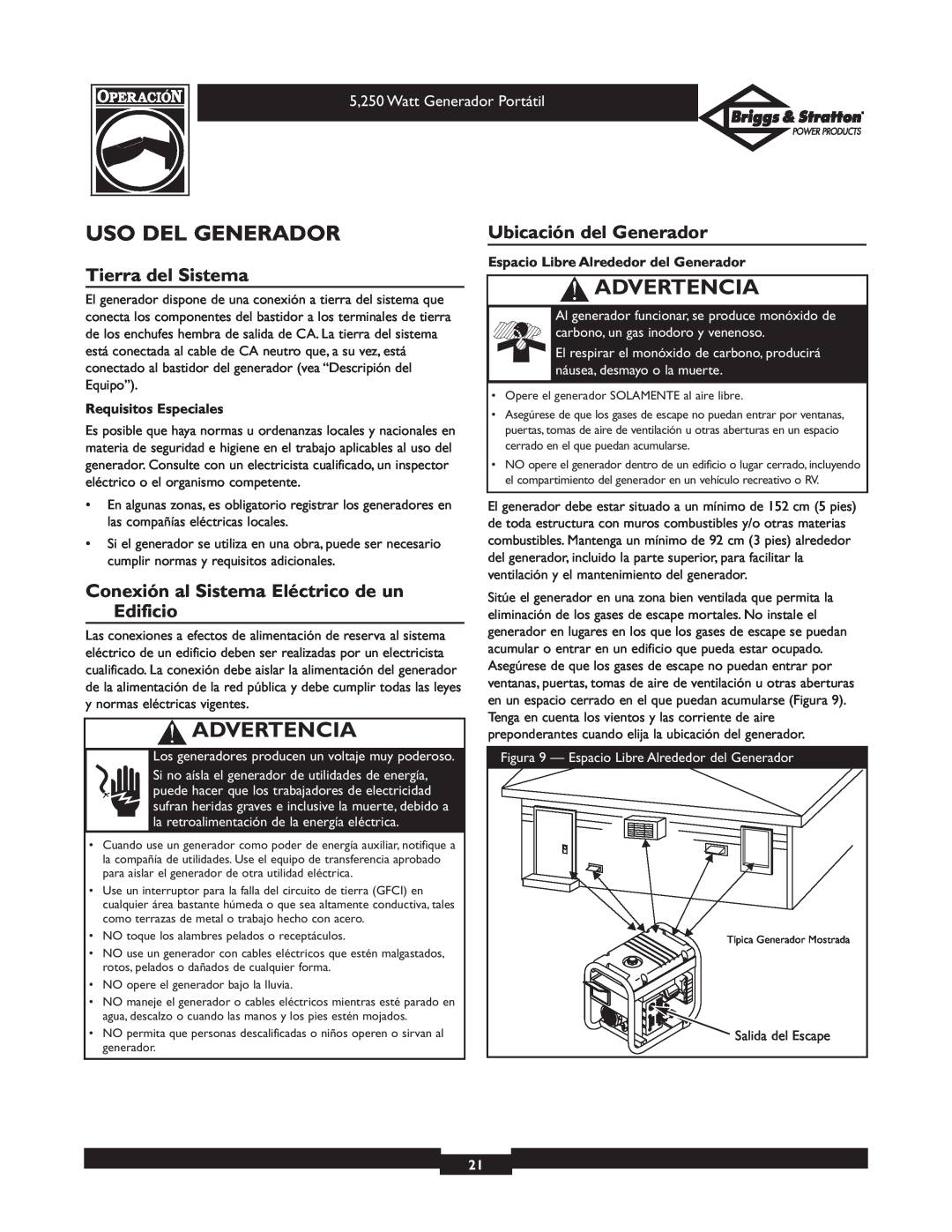 Briggs & Stratton 30204 Uso Del Generador, Tierra del Sistema, Ubicación del Generador, Advertencia, Requisitos Especiales 