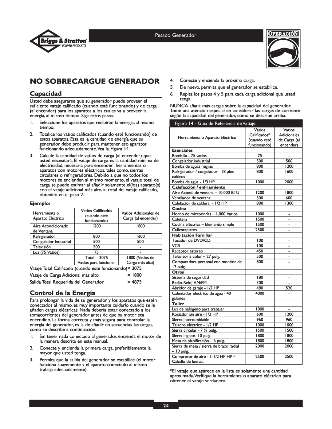 Briggs & Stratton 30204 owner manual No Sobrecargue Generador, Capacidad, Control de la Energía, Ejemplo 