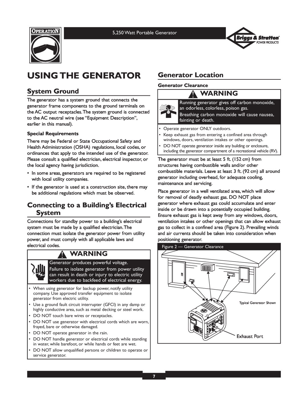 Briggs & Stratton 30204 owner manual Using The Generator, System Ground, Connecting to a Building’s Electrical System 