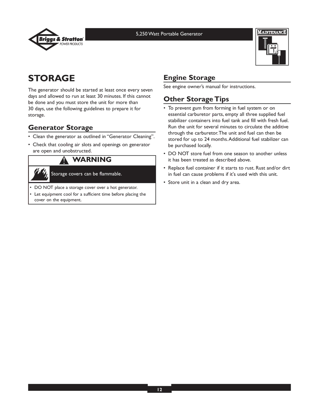 Briggs & Stratton 30204 owner manual Generator Storage, Engine Storage Other Storage Tips 