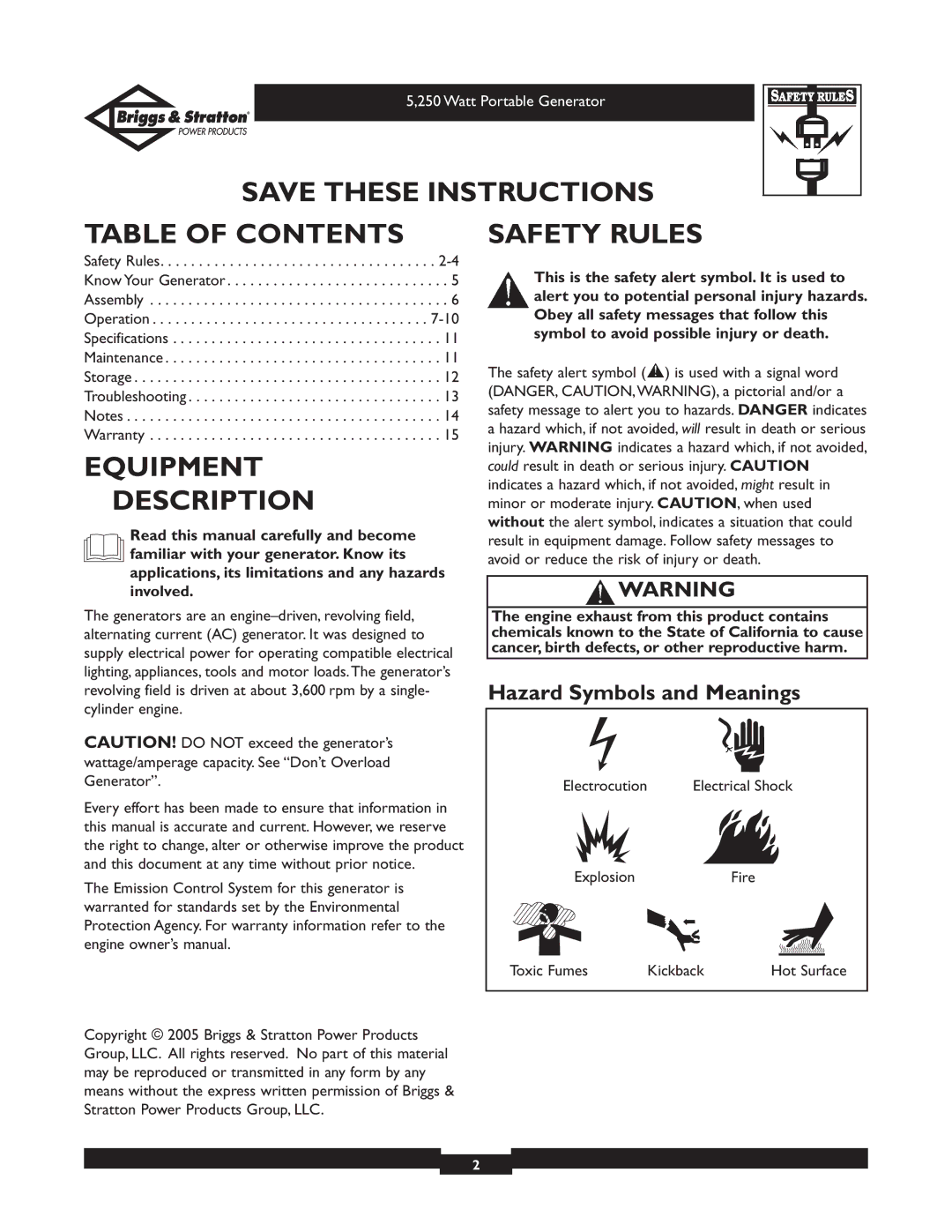 Briggs & Stratton 30204 owner manual Table of Contents, Equipment Description, Safety Rules 