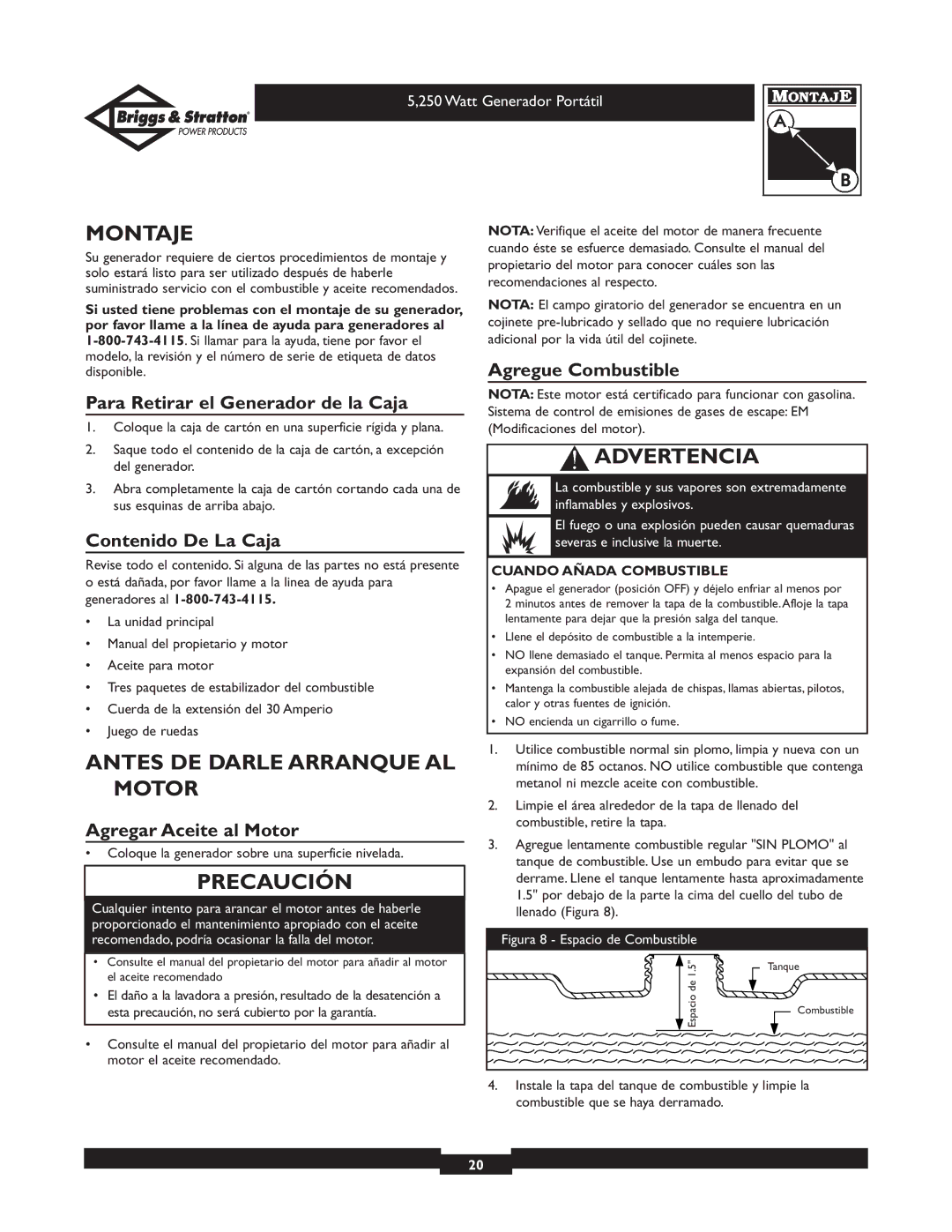 Briggs & Stratton 30204 owner manual Montaje, Antes DE Darle Arranque AL Motor 