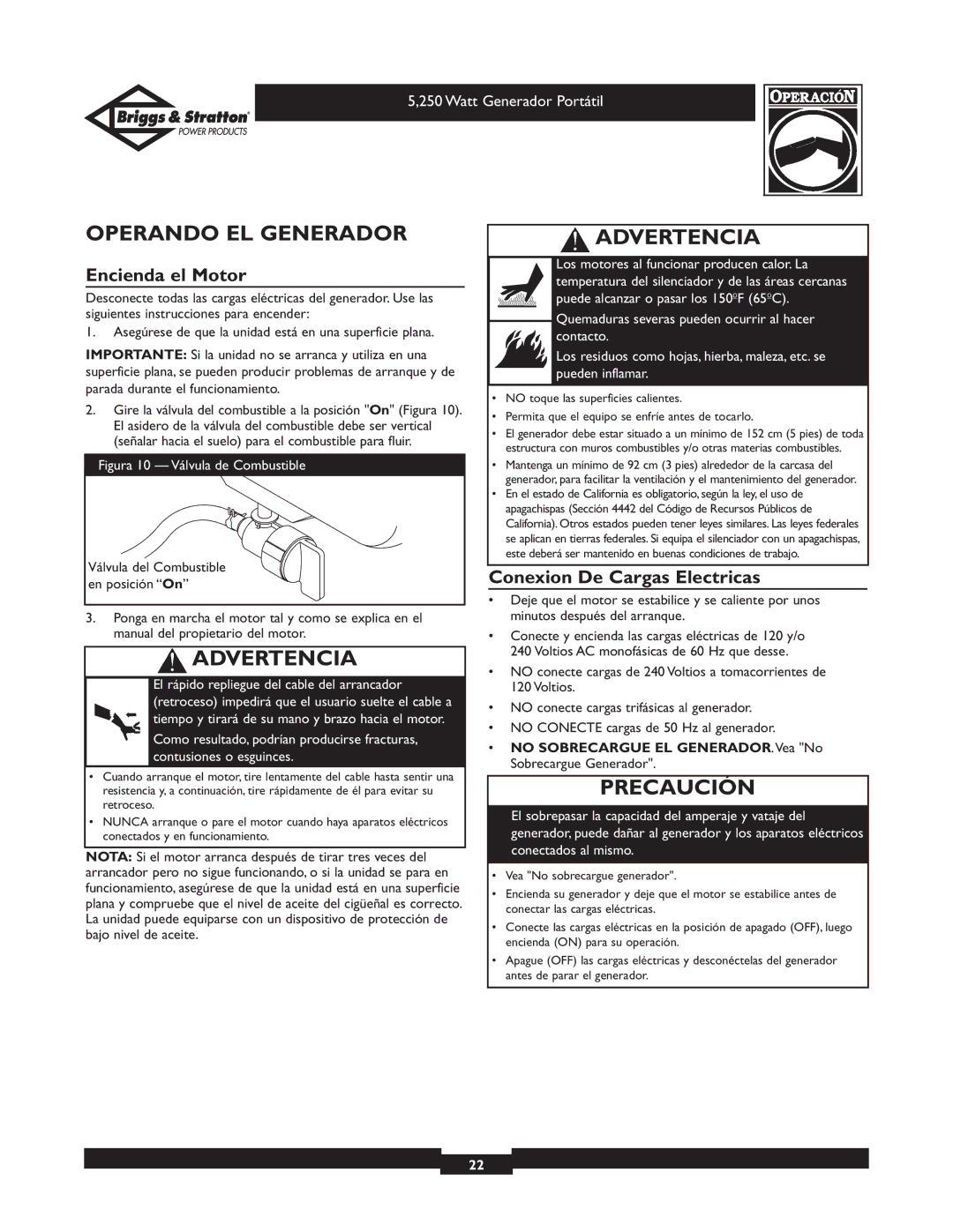 Briggs & Stratton 30204 owner manual Operando EL Generador, Encienda el Motor, Conexion De Cargas Electricas 