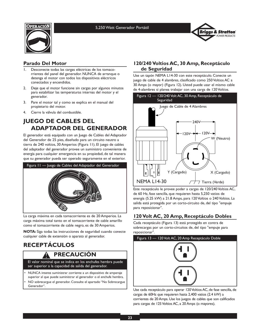 Briggs & Stratton 30204 owner manual Juego DE Cables DEL Adaptador DEL Generador, Receptáculos Precaución, Parado Del Motor 