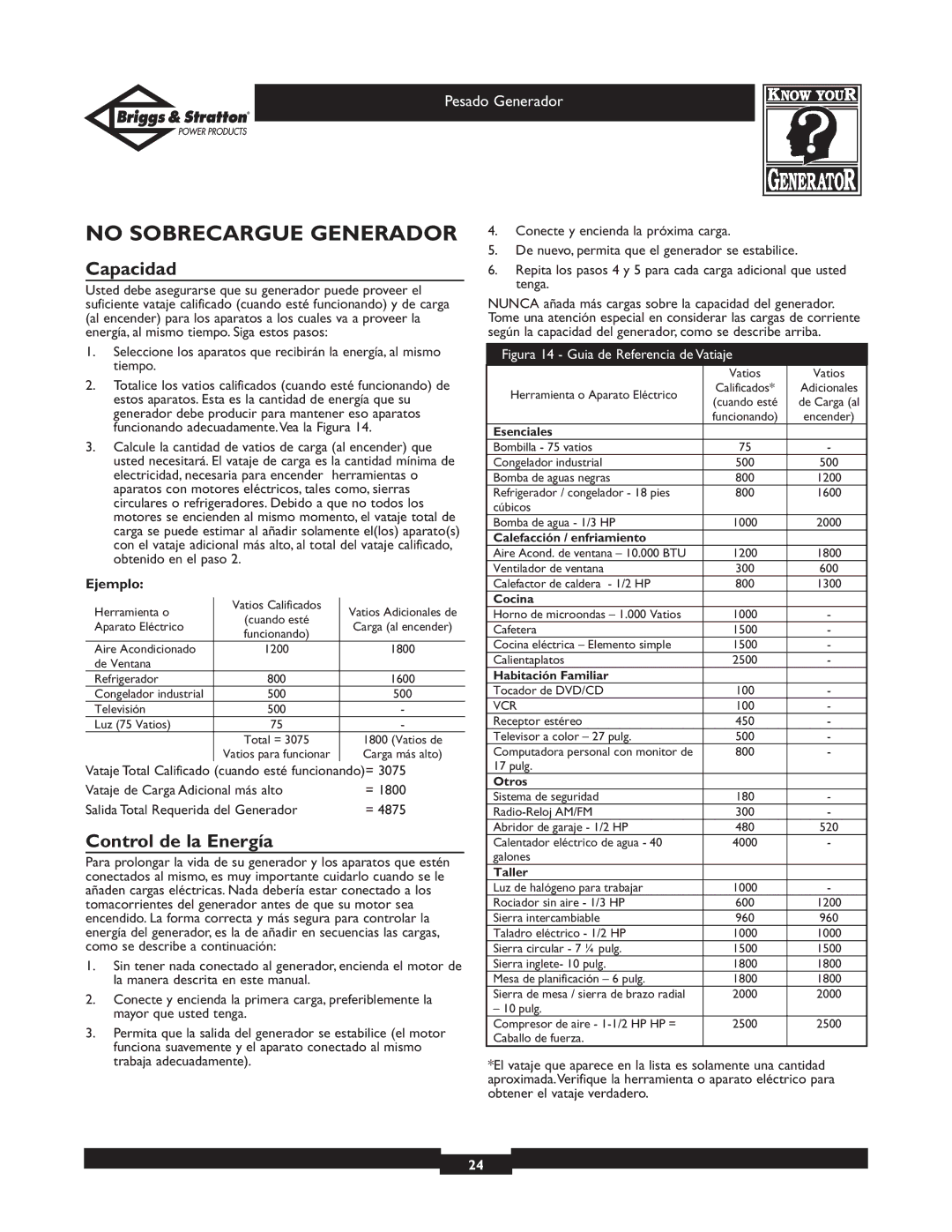 Briggs & Stratton 30204 owner manual No Sobrecargue Generador, Capacidad, Control de la Energía 