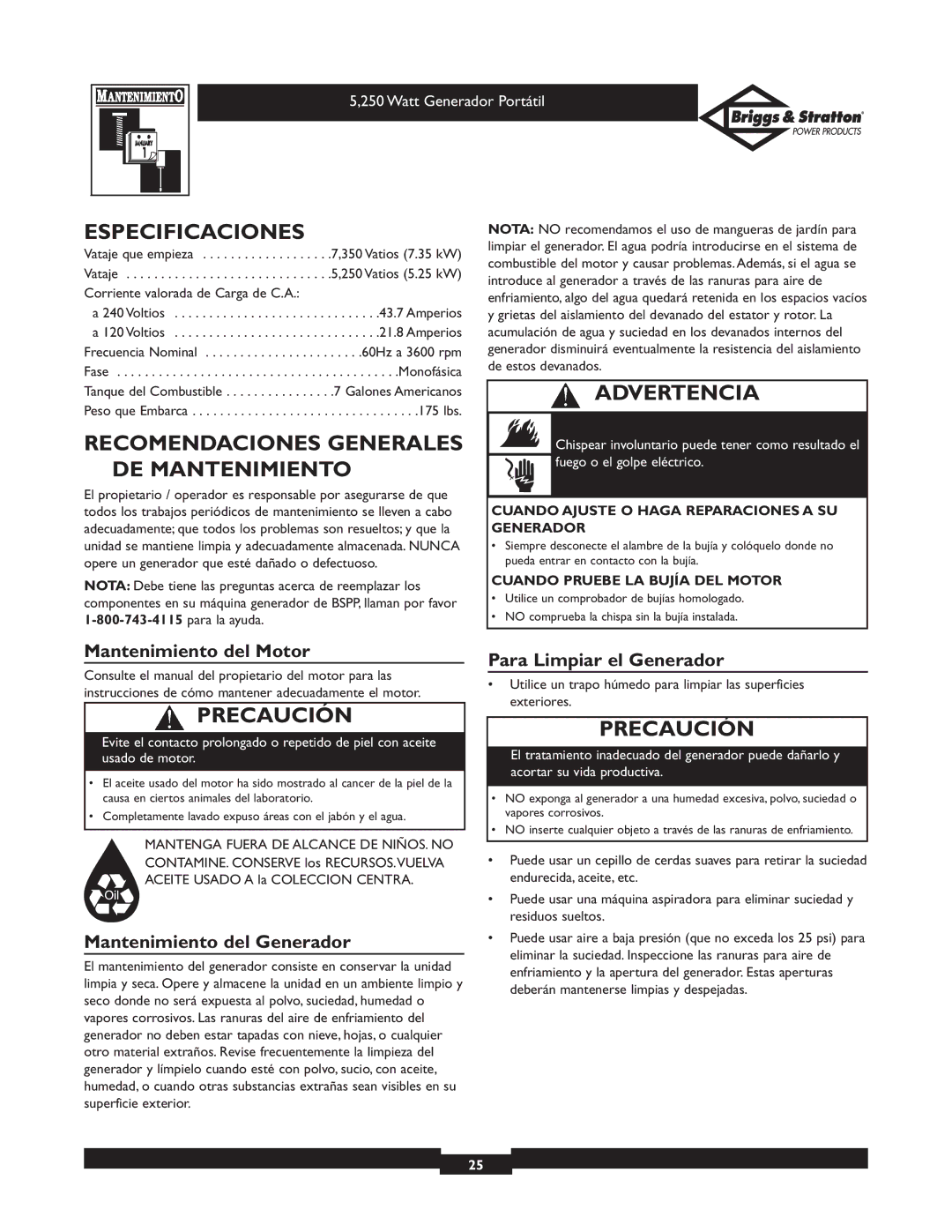 Briggs & Stratton 30204 owner manual Especificaciones, Recomendaciones Generales DE Mantenimiento, Mantenimiento del Motor 