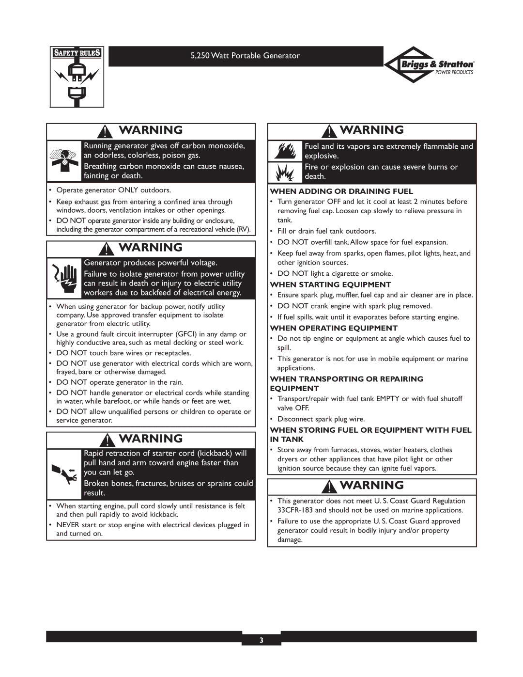 Briggs & Stratton 30204 owner manual When Adding or Draining Fuel, When Starting Equipment, When Operating Equipment 