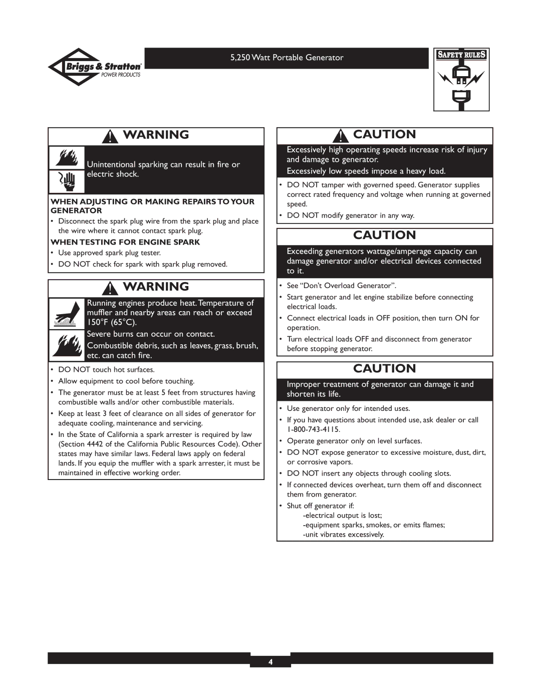 Briggs & Stratton 30204 owner manual When Adjusting or Making Repairs to Your Generator, When Testing for Engine Spark 