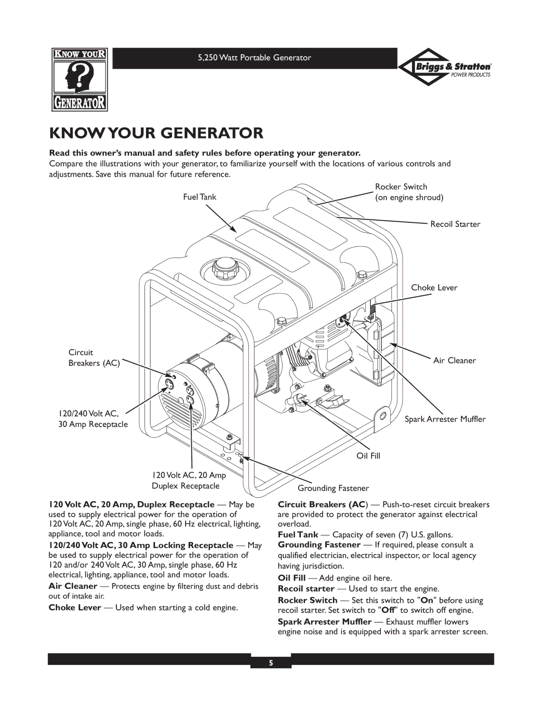 Briggs & Stratton 30204 owner manual Know Your Generator 