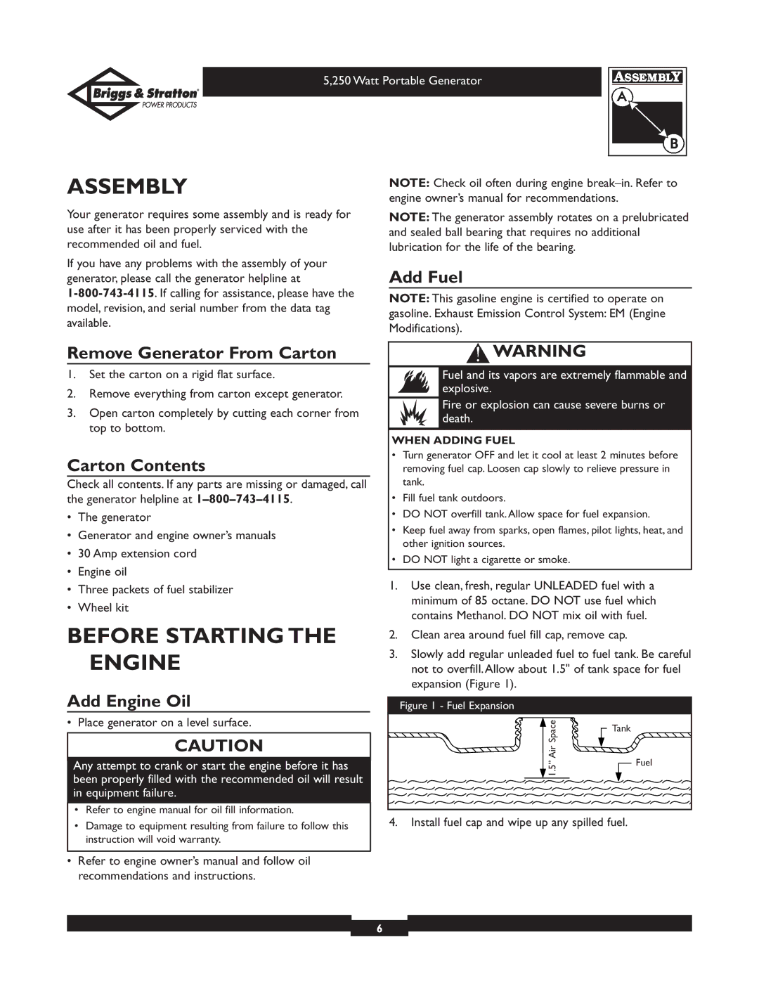 Briggs & Stratton 30204 owner manual Assembly, Before Starting the Engine 