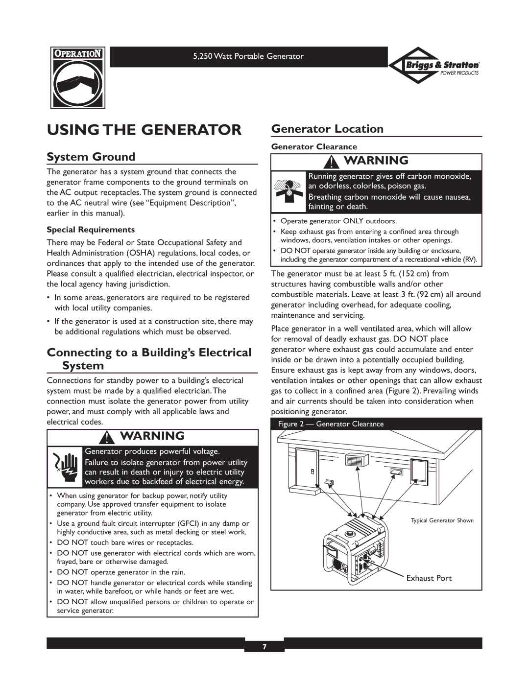 Briggs & Stratton 30204 owner manual Using the Generator, System Ground, Connecting to a Building’s Electrical System 