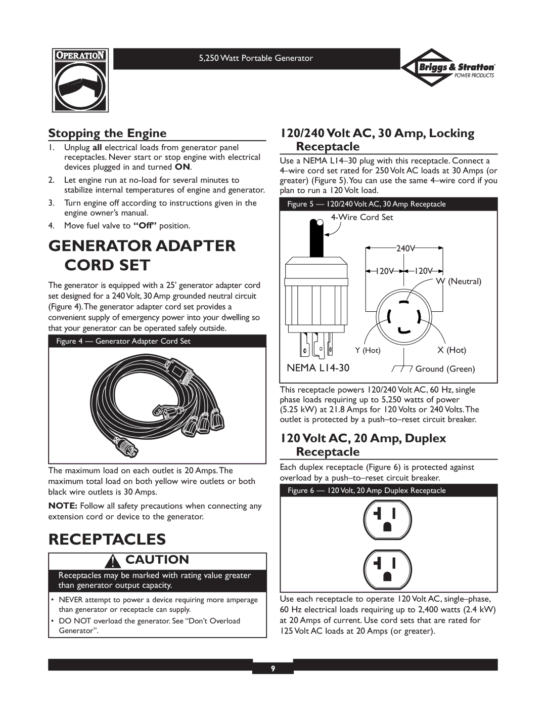 Briggs & Stratton 30204 Generator Adapter Cord SET, Receptacles, Stopping the Engine, Volt AC, 20 Amp, Duplex Receptacle 