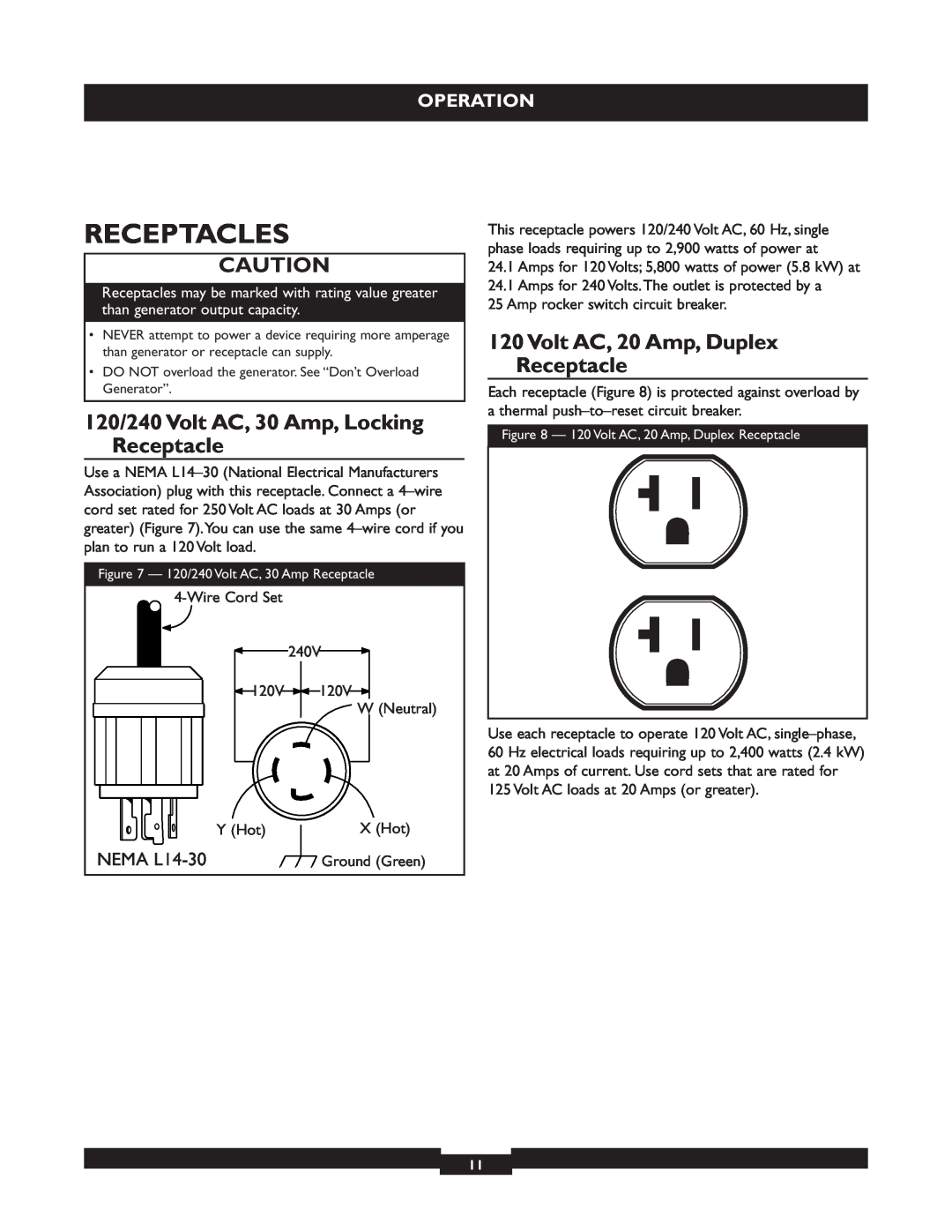 Briggs & Stratton 30205 manual Receptacles, 120/240 Volt AC, 30 Amp, Locking Receptacle, Volt AC, 20 Amp, Duplex Receptacle 