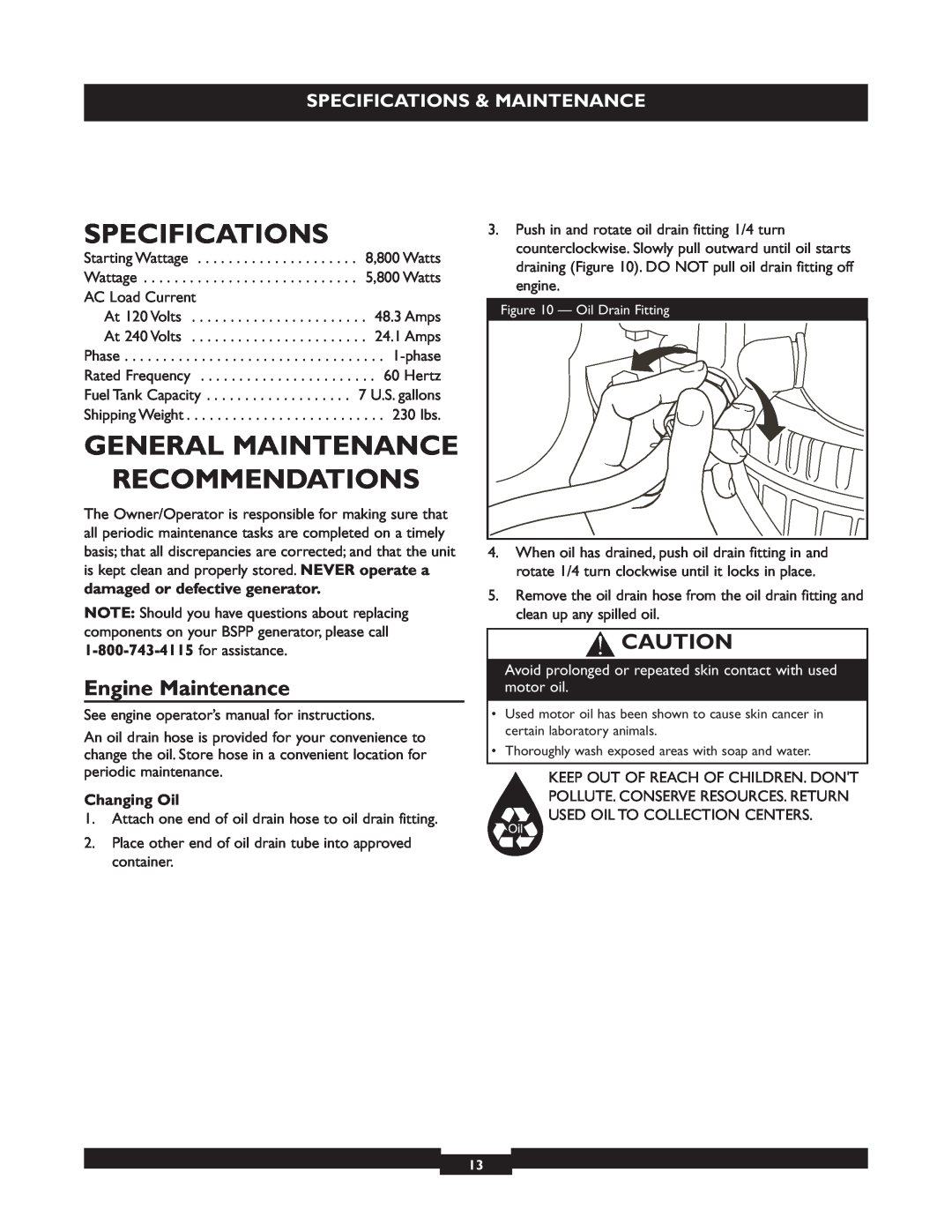 Briggs & Stratton 30205 manual Specifications, General Maintenance Recommendations, Engine Maintenance, Changing Oil 