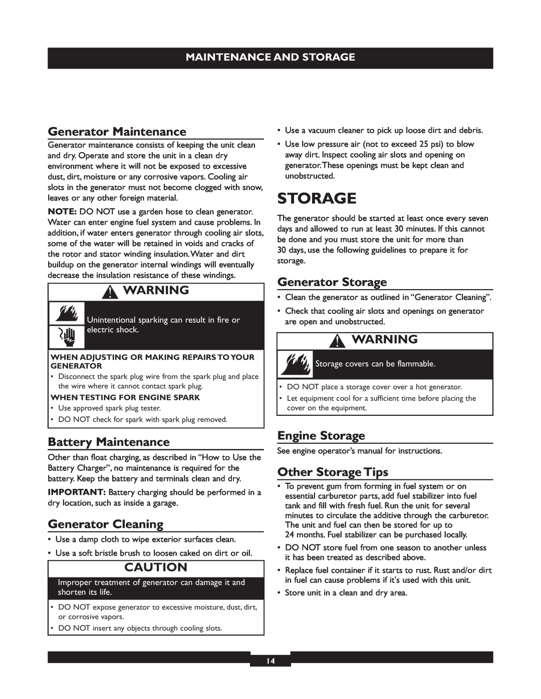 Briggs & Stratton 30205 manual Generator Maintenance, Generator Storage, Battery Maintenance, Generator Cleaning 
