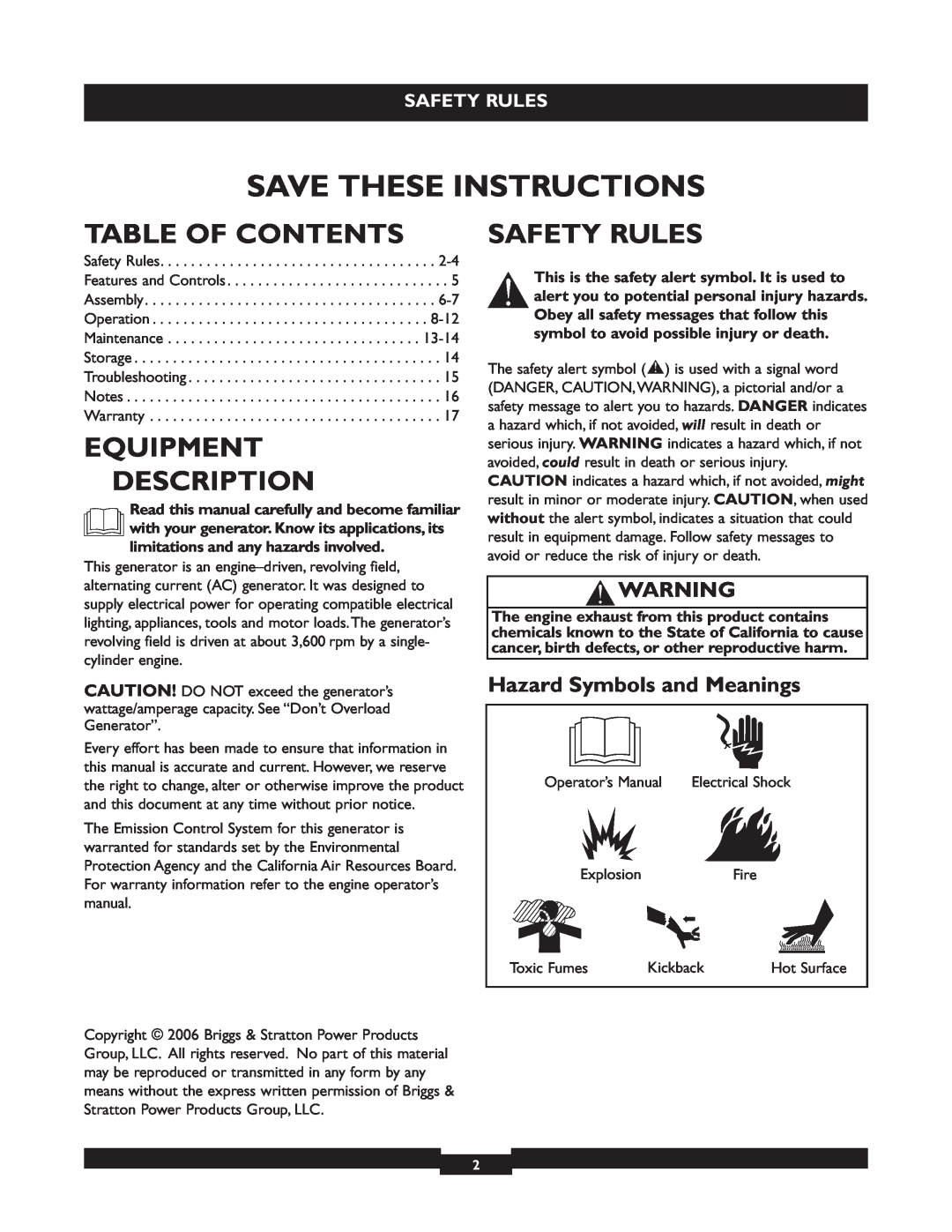 Briggs & Stratton 30205 manual Table Of Contents, Equipment Description, Safety Rules, Hazard Symbols and Meanings 